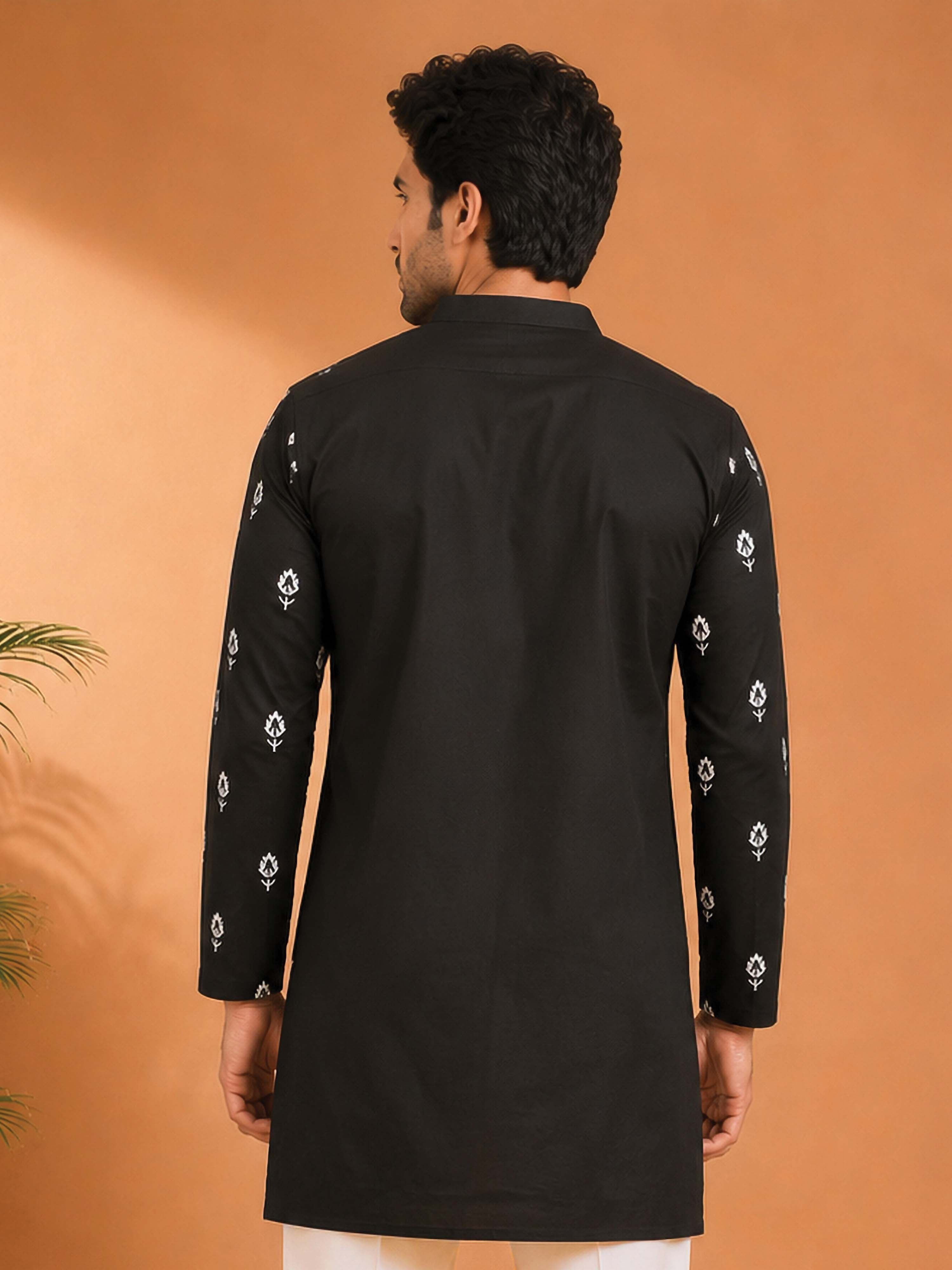 Men's Black Viscose Embroidered Mid-Length Kurta