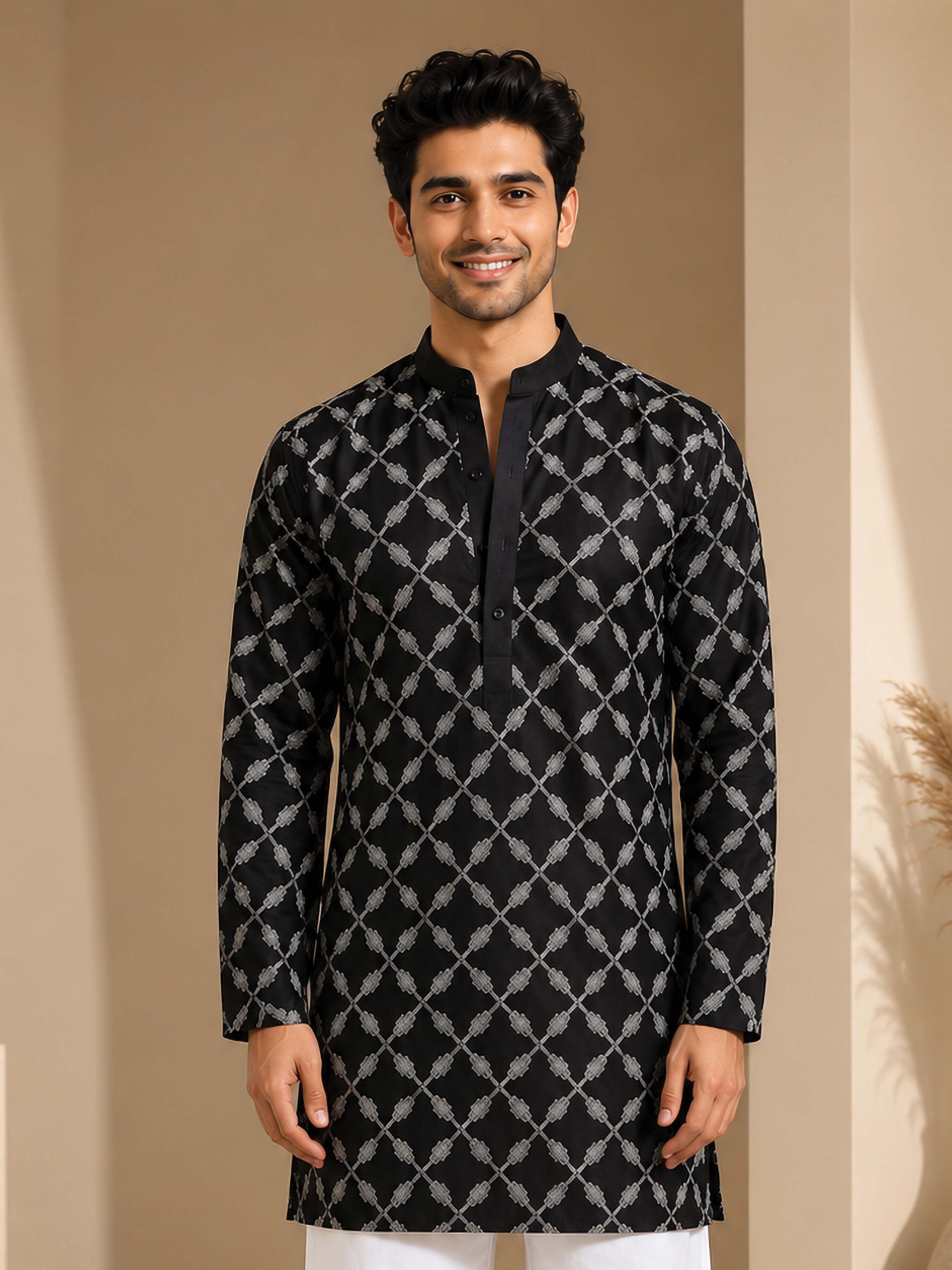 Men's Black Viscose Embroidered Mid-Length Kurta
