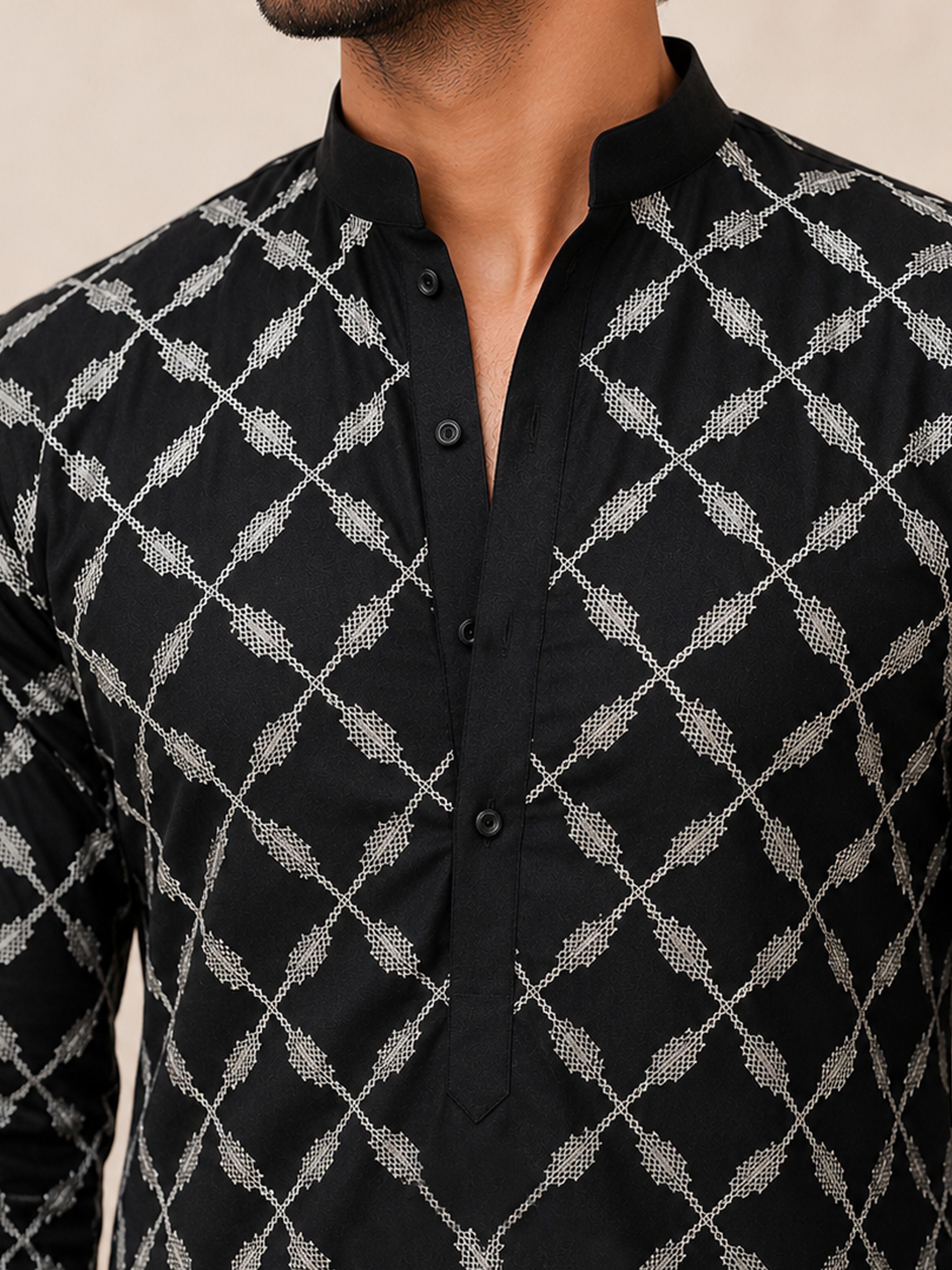 Men's Black Viscose Embroidered Mid-Length Kurta