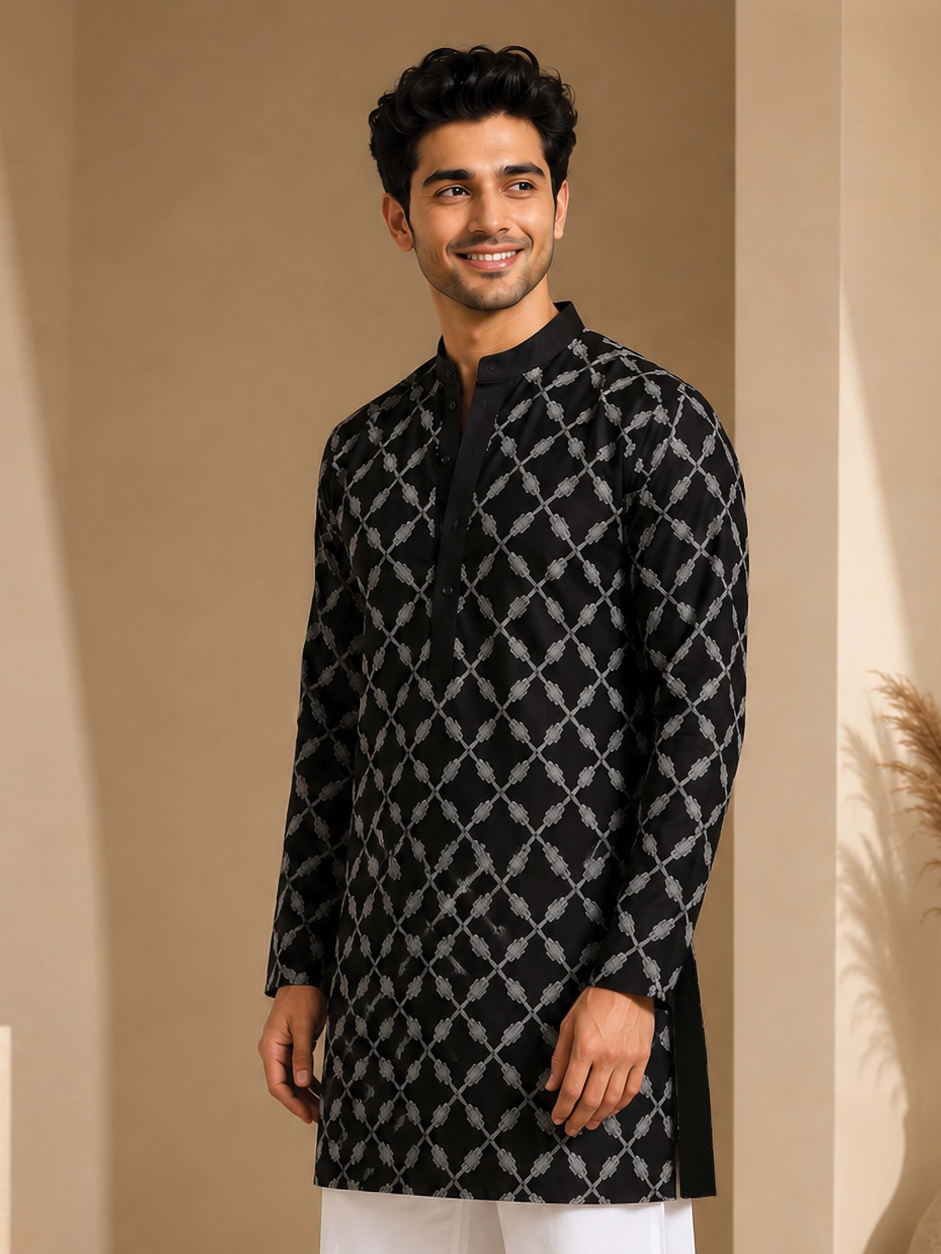 Men's Black Viscose Embroidered Mid-Length Kurta