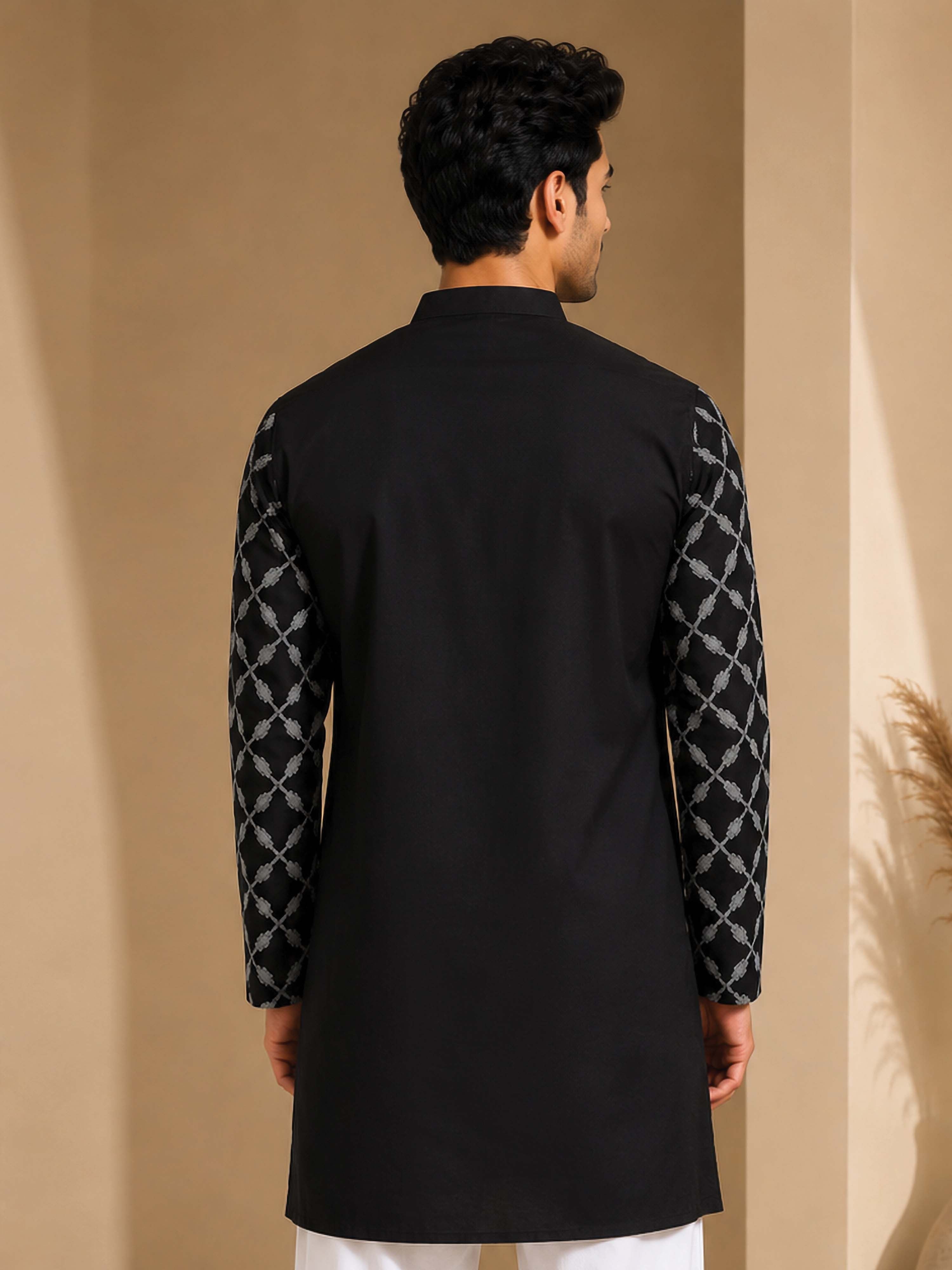 Men's Black Viscose Embroidered Mid-Length Kurta
