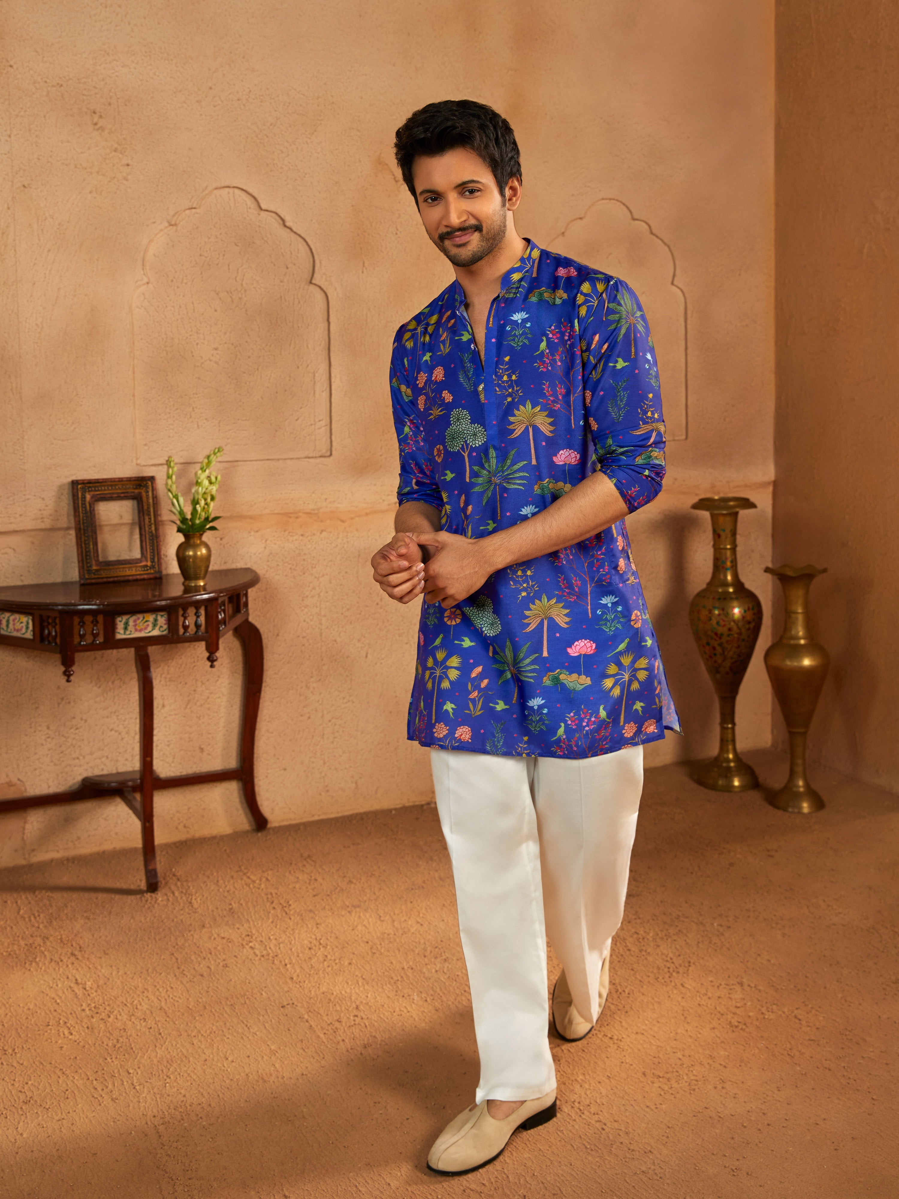 Men's Blue Digital Print Kurta with Cream Satin Wide Leg