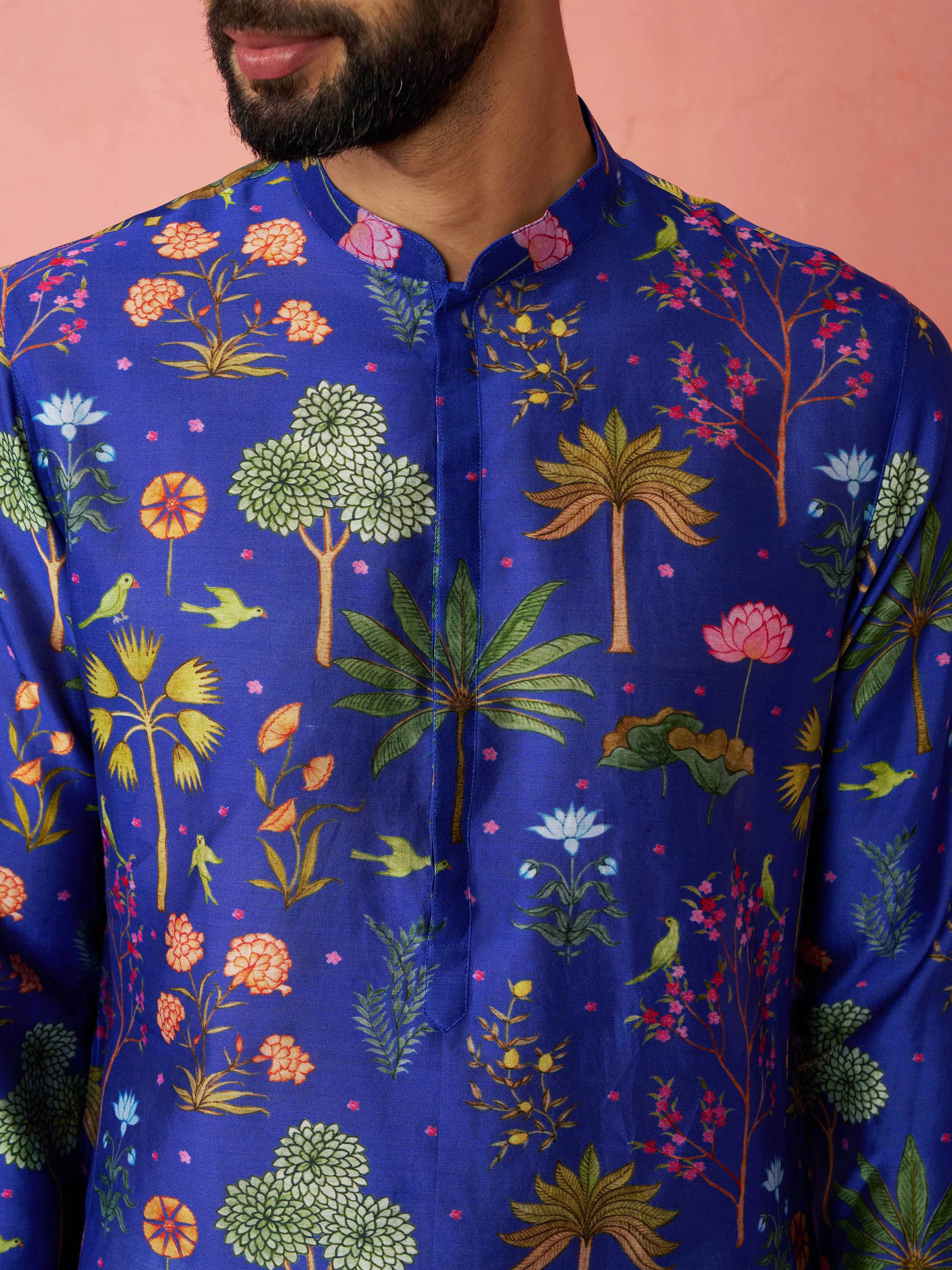 Men's Blue Digital Print Kurta with Cream Satin Wide Leg