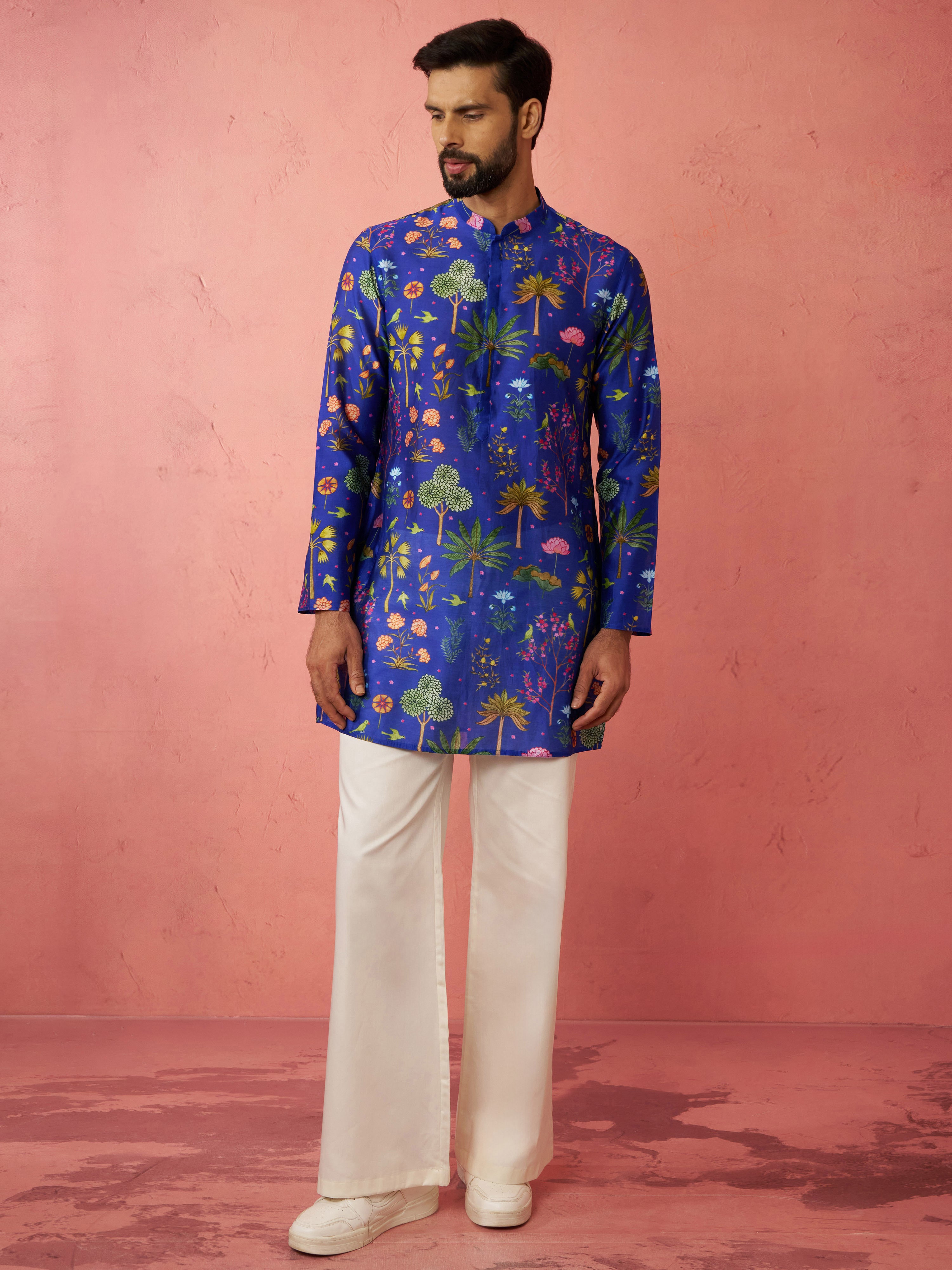 Men's Blue Digital Print Kurta with Cream Satin Wide Leg