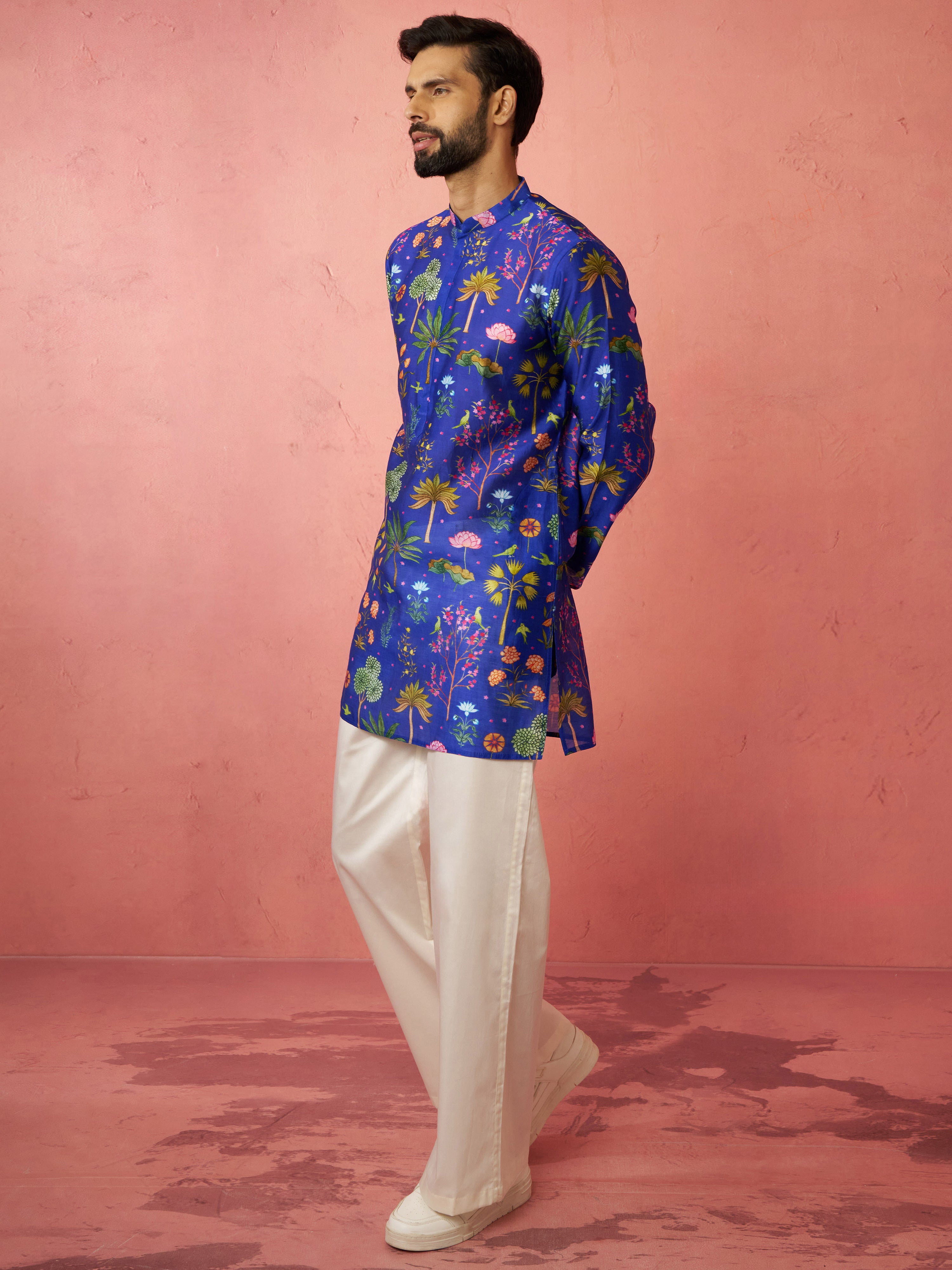 Men's Blue Digital Print Kurta with Cream Satin Wide Leg