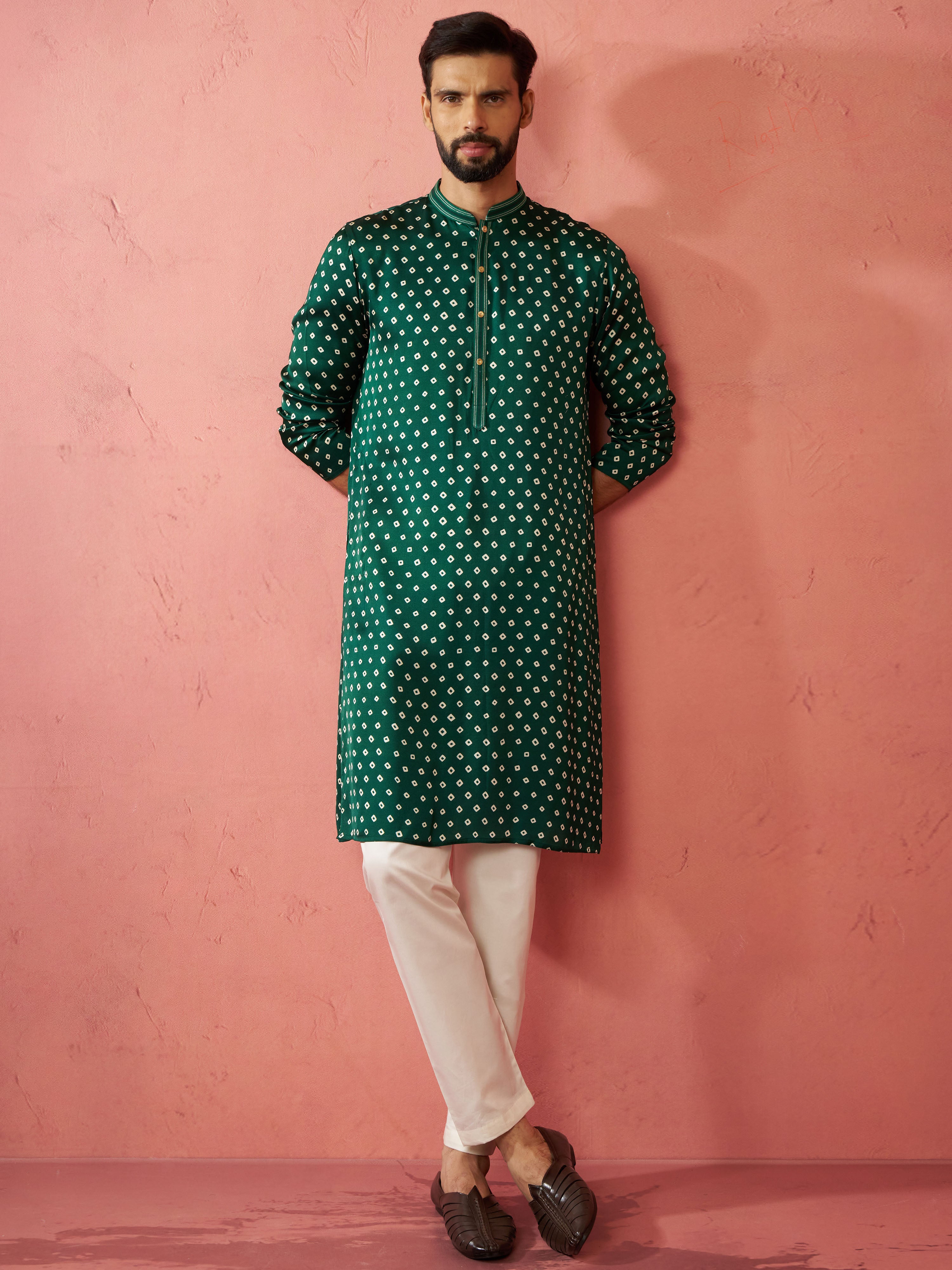 Men's Bottle Green Digital Print Long Kurta with Satin Pyjama Set