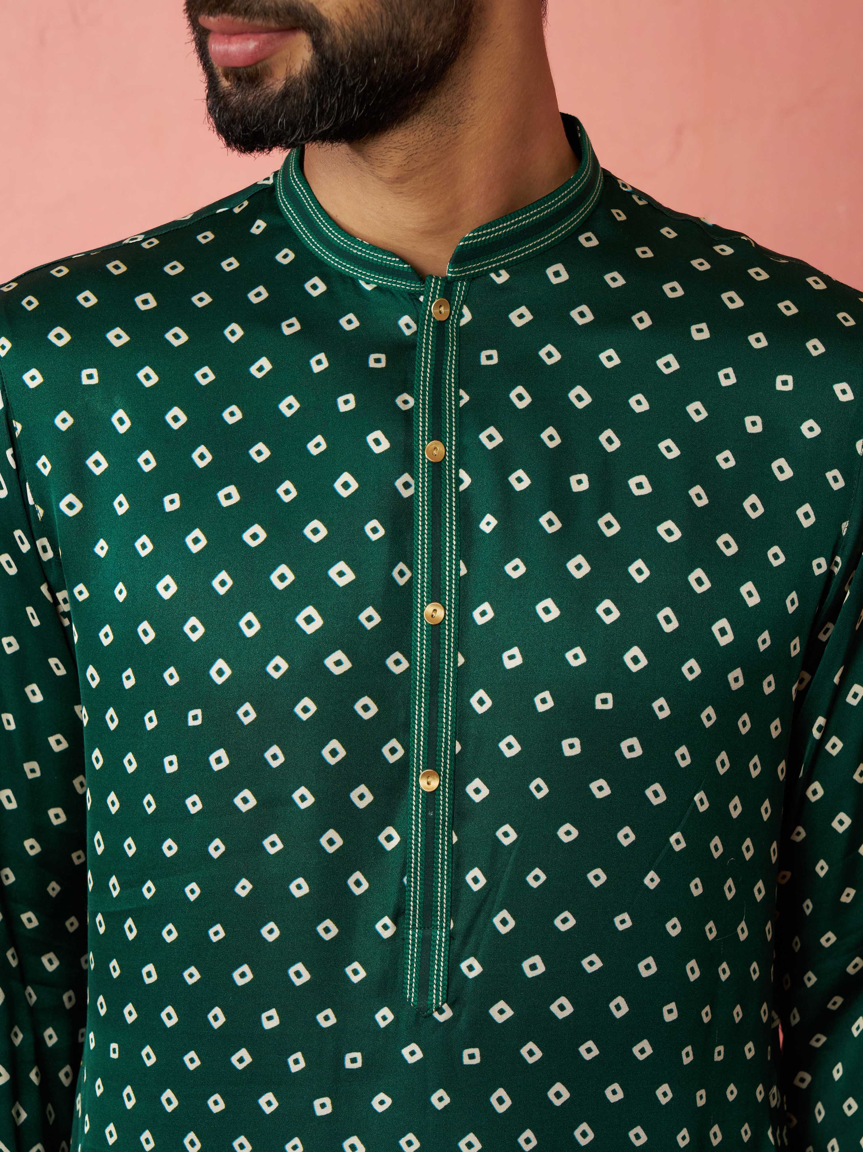 Men's Bottle Green Digital Print Long Kurta with Satin Pyjama Set