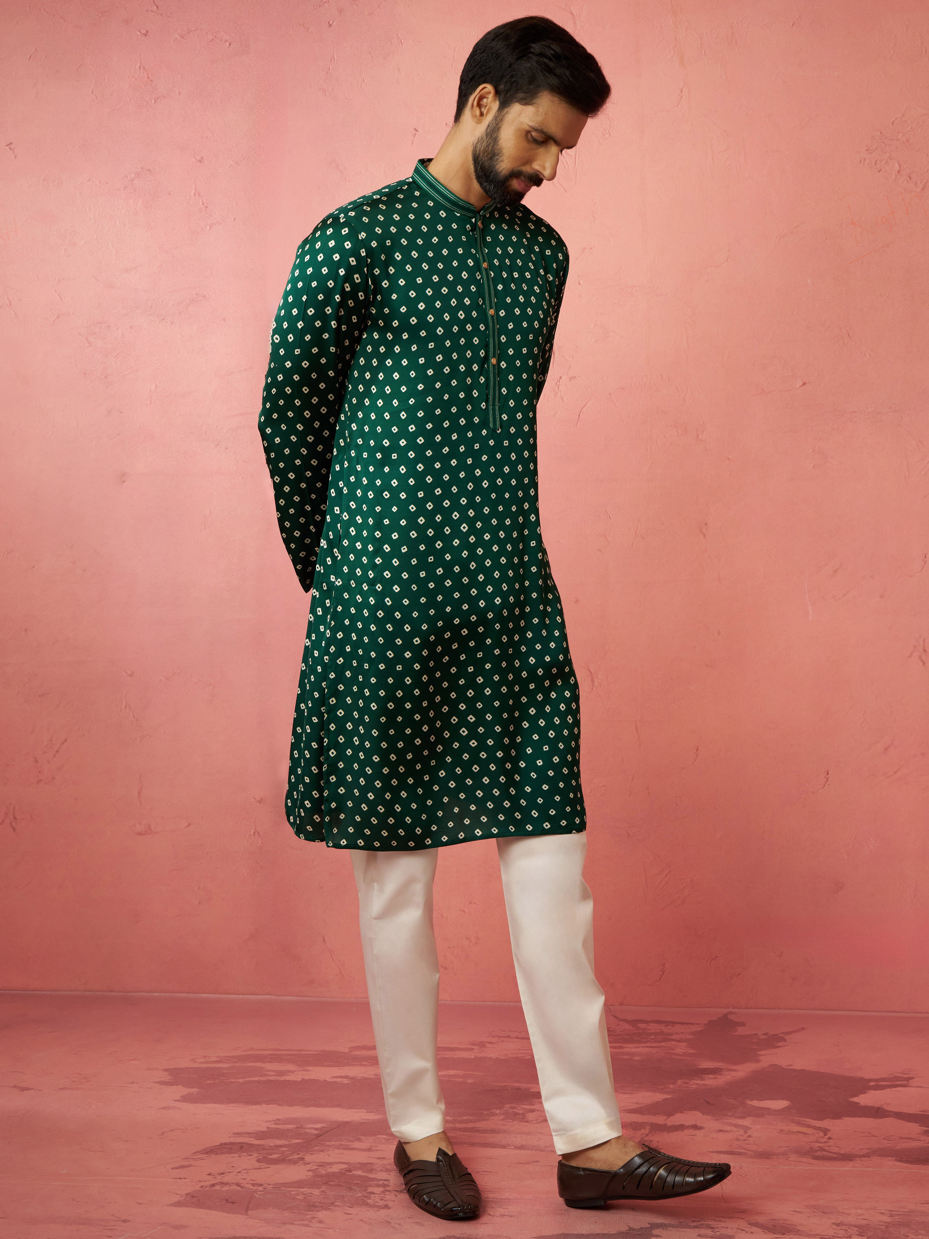 Men's Bottle Green Digital Print Long Kurta with Satin Pyjama Set