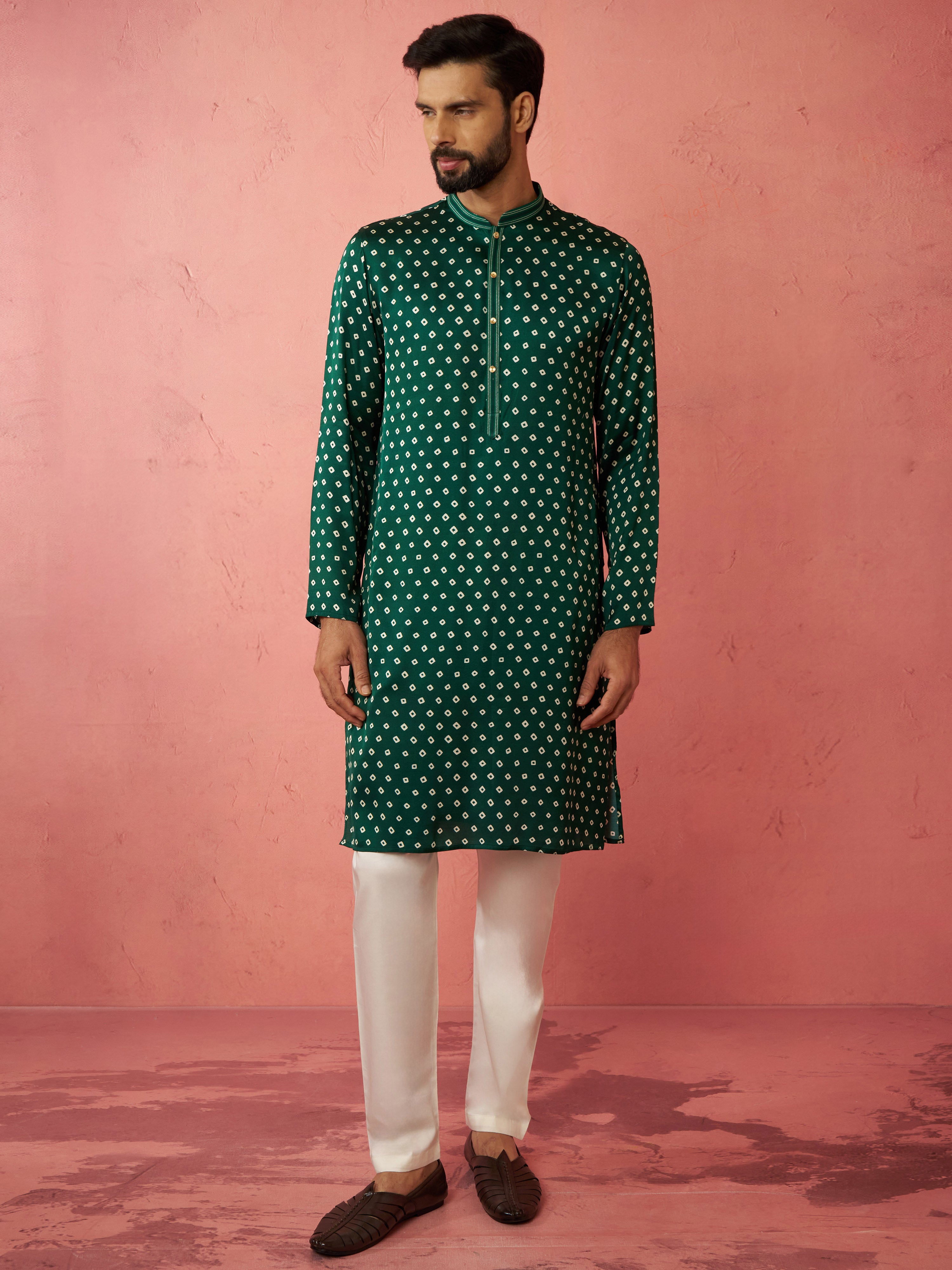 Men's Bottle Green Digital Print Long Kurta with Satin Pyjama Set