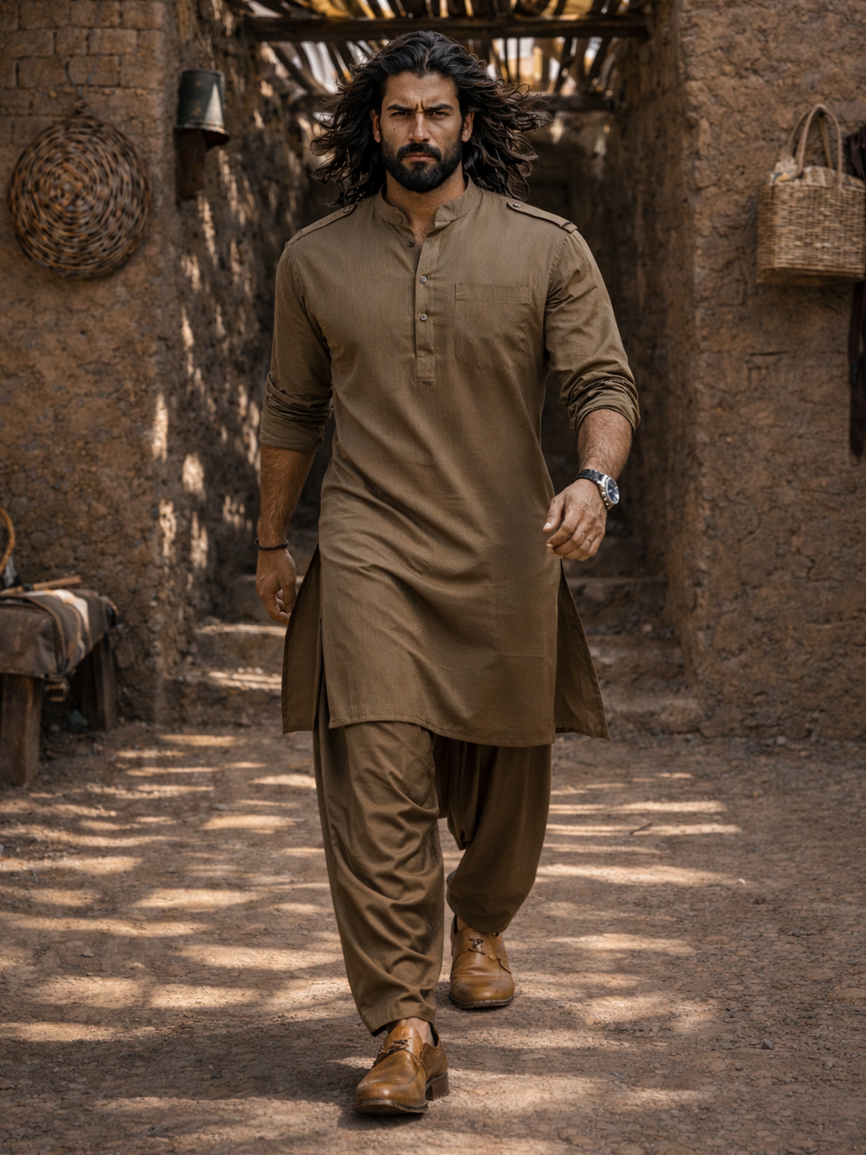 Men's Chiku Solid Swiss Slub Cotton Pathani Kurta with Chiku Silk Blend Patiala