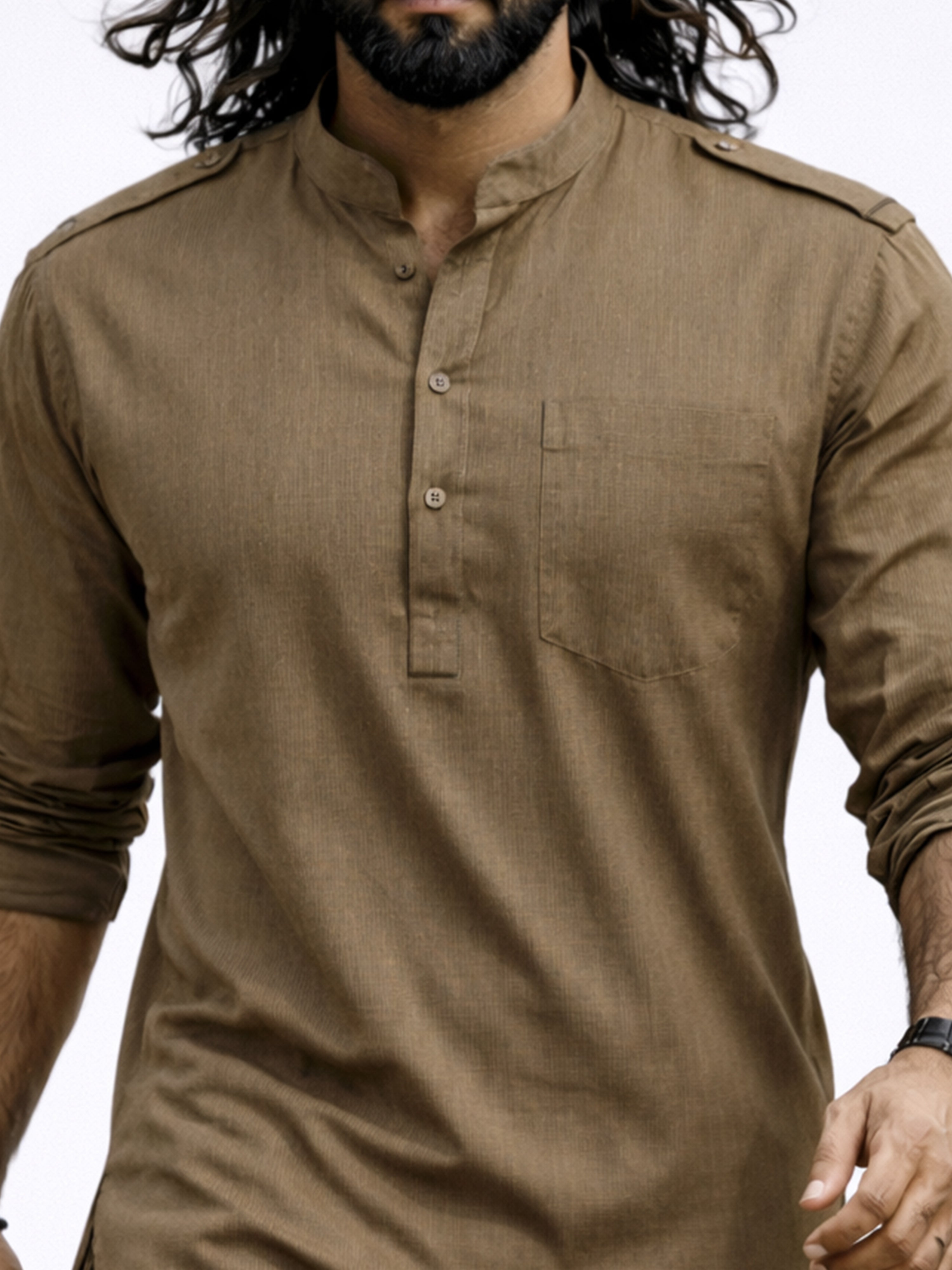 Men's Chiku Solid Swiss Slub Cotton Pathani Kurta with Chiku Silk Blend Patiala