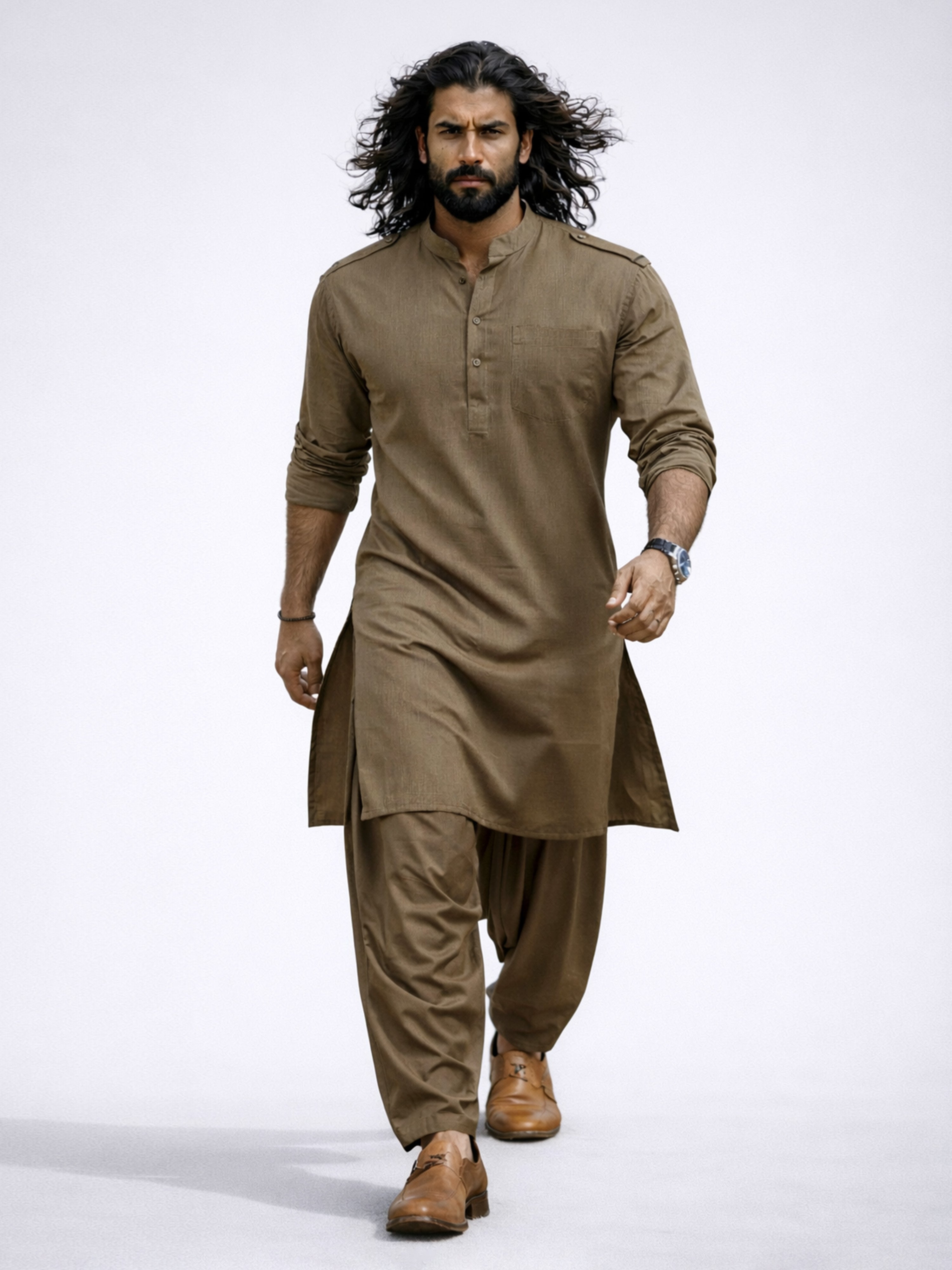 Men's Chiku Solid Swiss Slub Cotton Pathani Kurta with Chiku Silk Blend Patiala