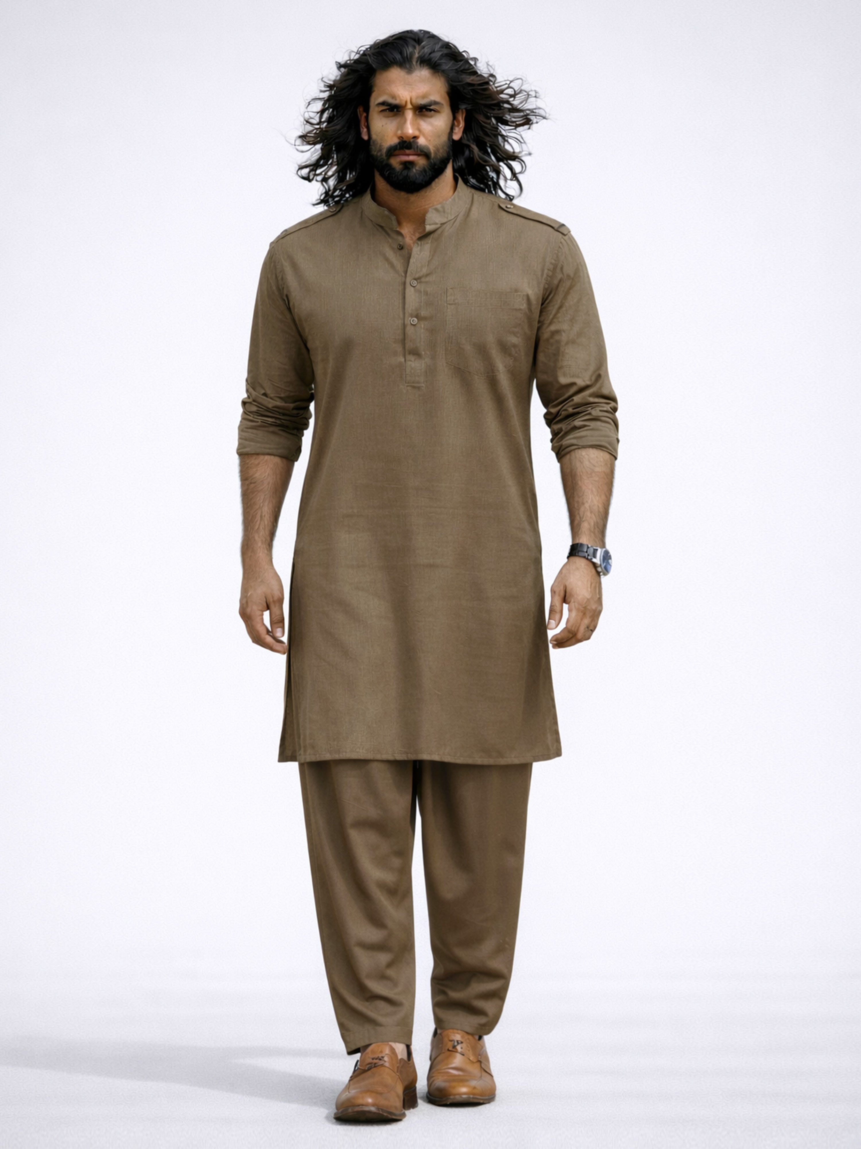 Men's Chiku Solid Swiss Slub Cotton Pathani Kurta with Chiku Silk Blend Patiala