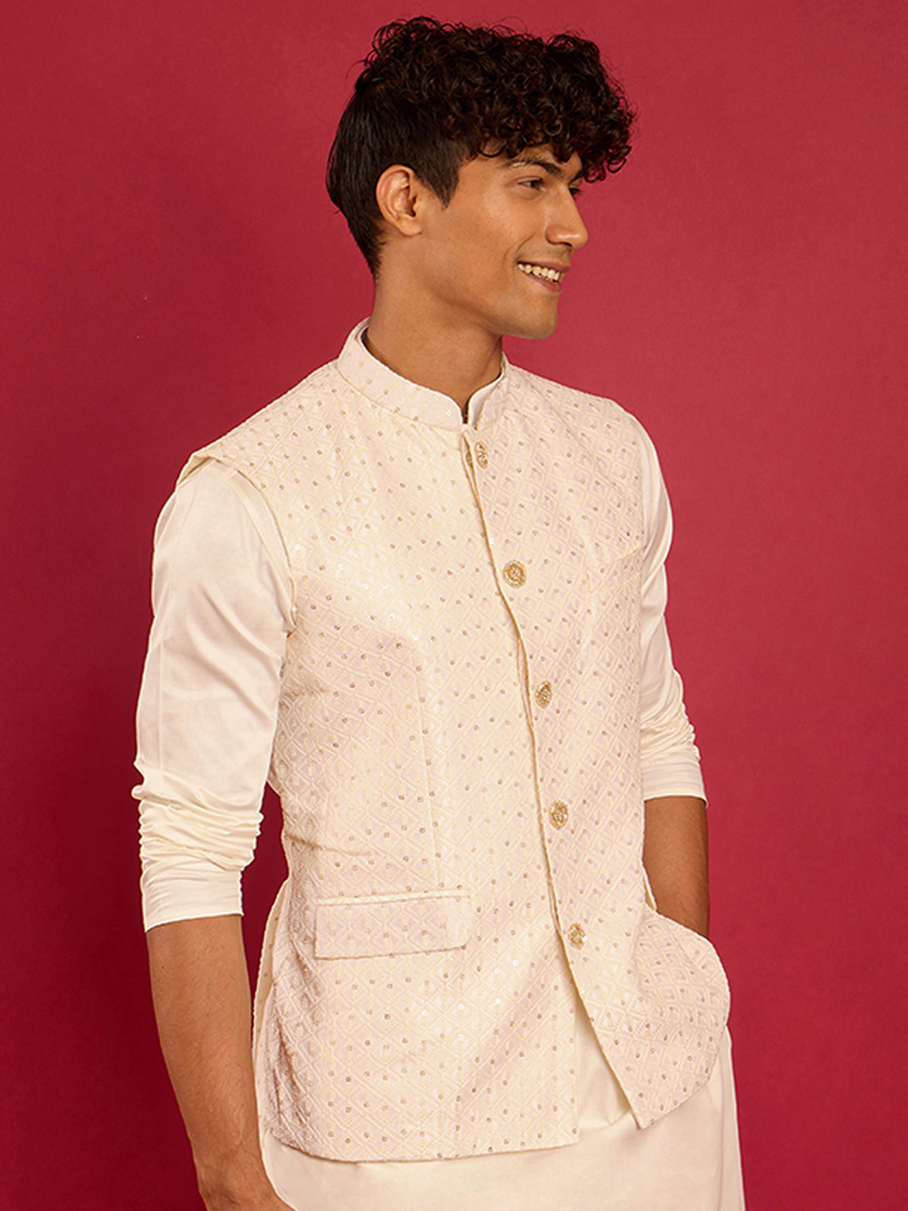 Men's Cream Kia Silk Embroidered Nehru Jacket