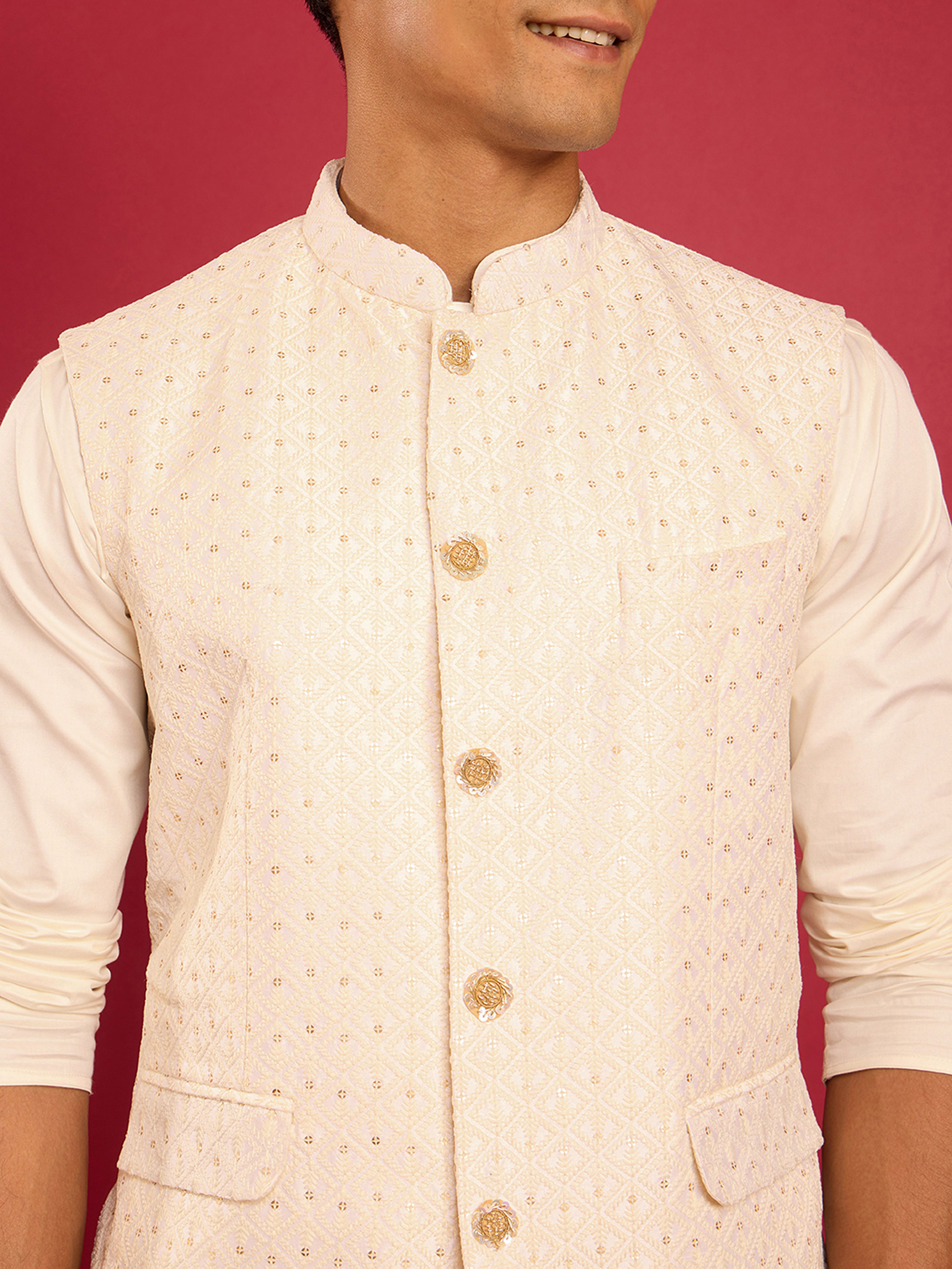 Men's Cream Kia Silk Embroidered Nehru Jacket