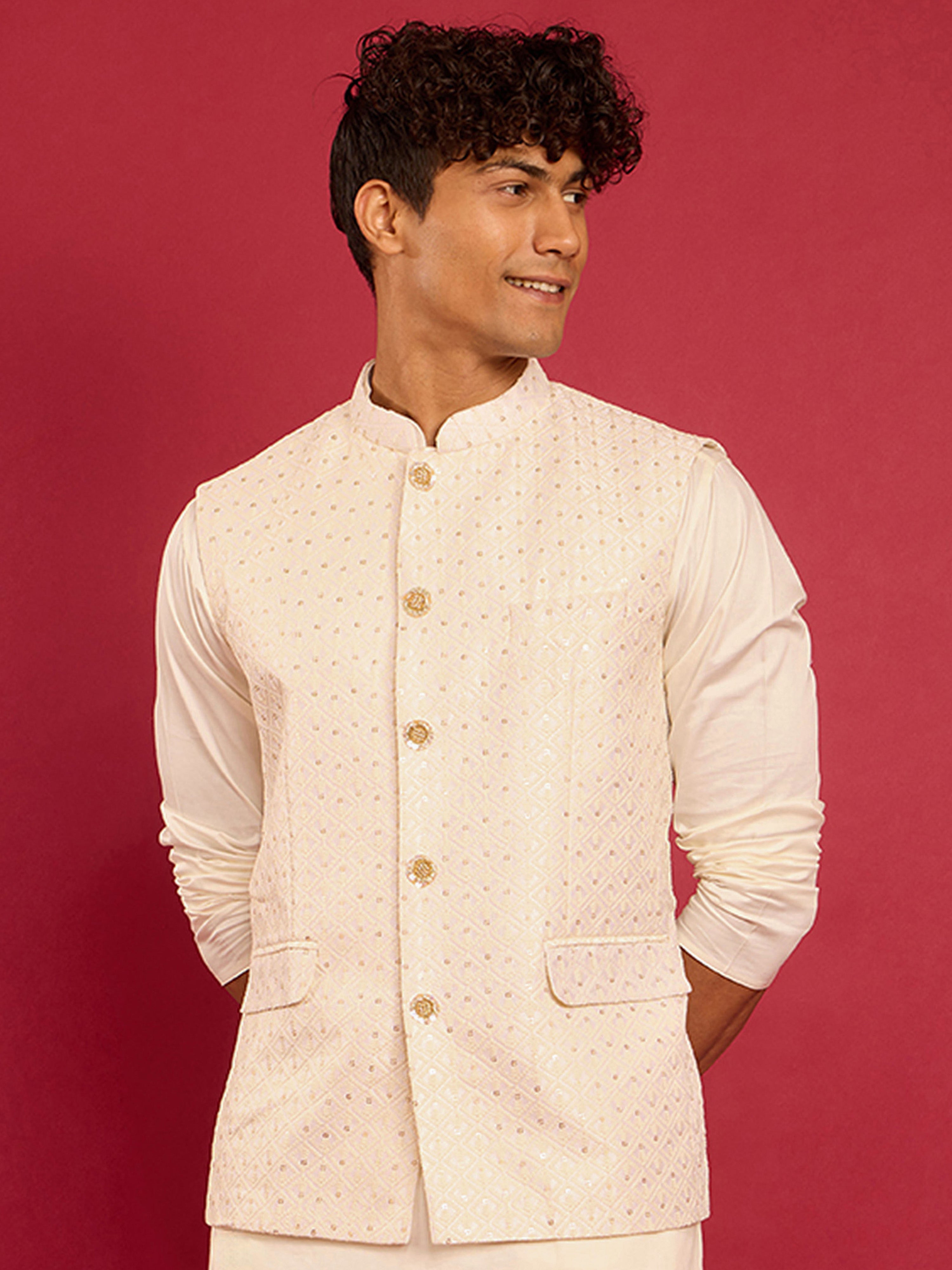 Men's Cream Kia Silk Embroidered Nehru Jacket