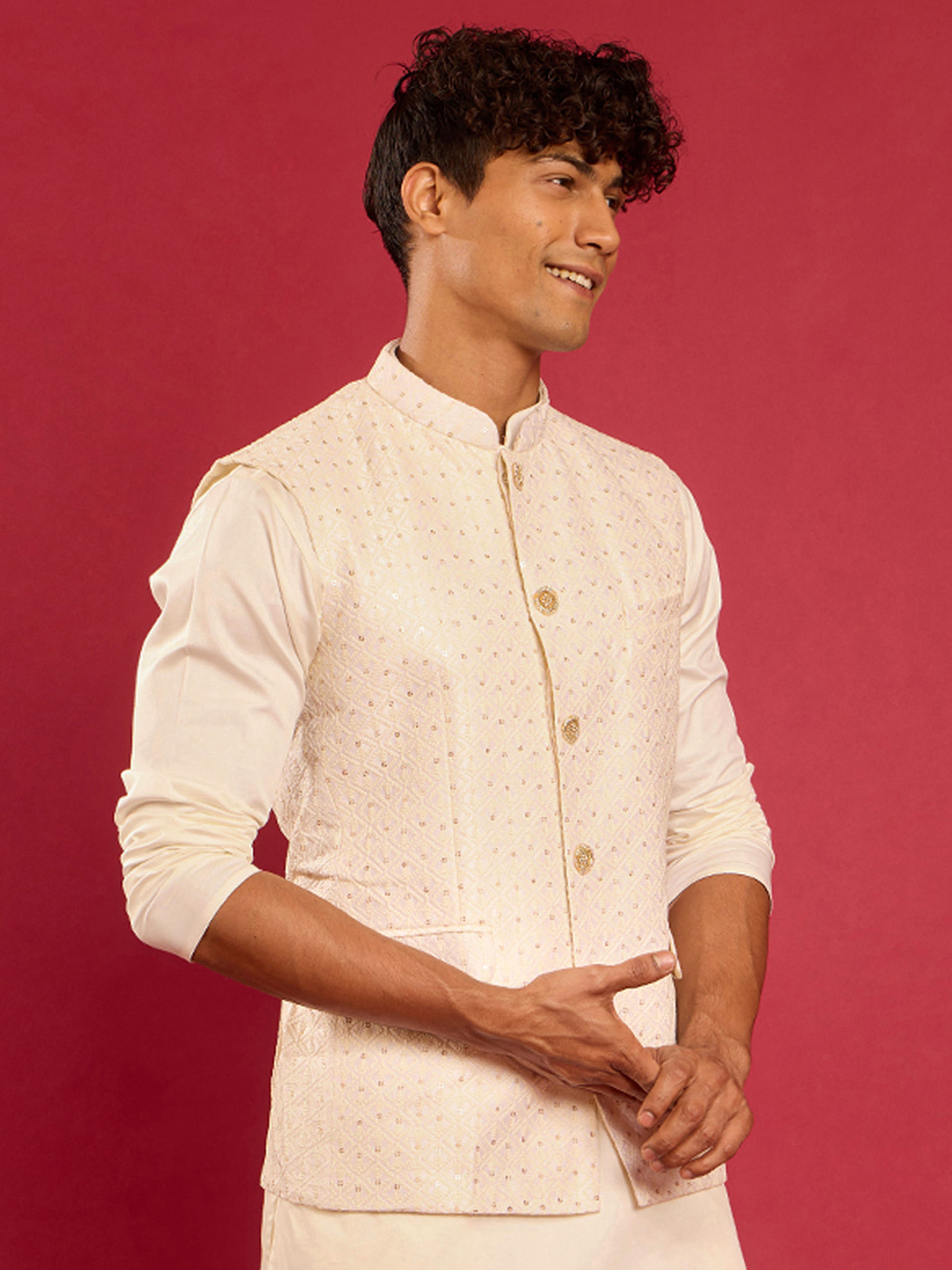 Men's Cream Kia Silk Embroidered Nehru Jacket