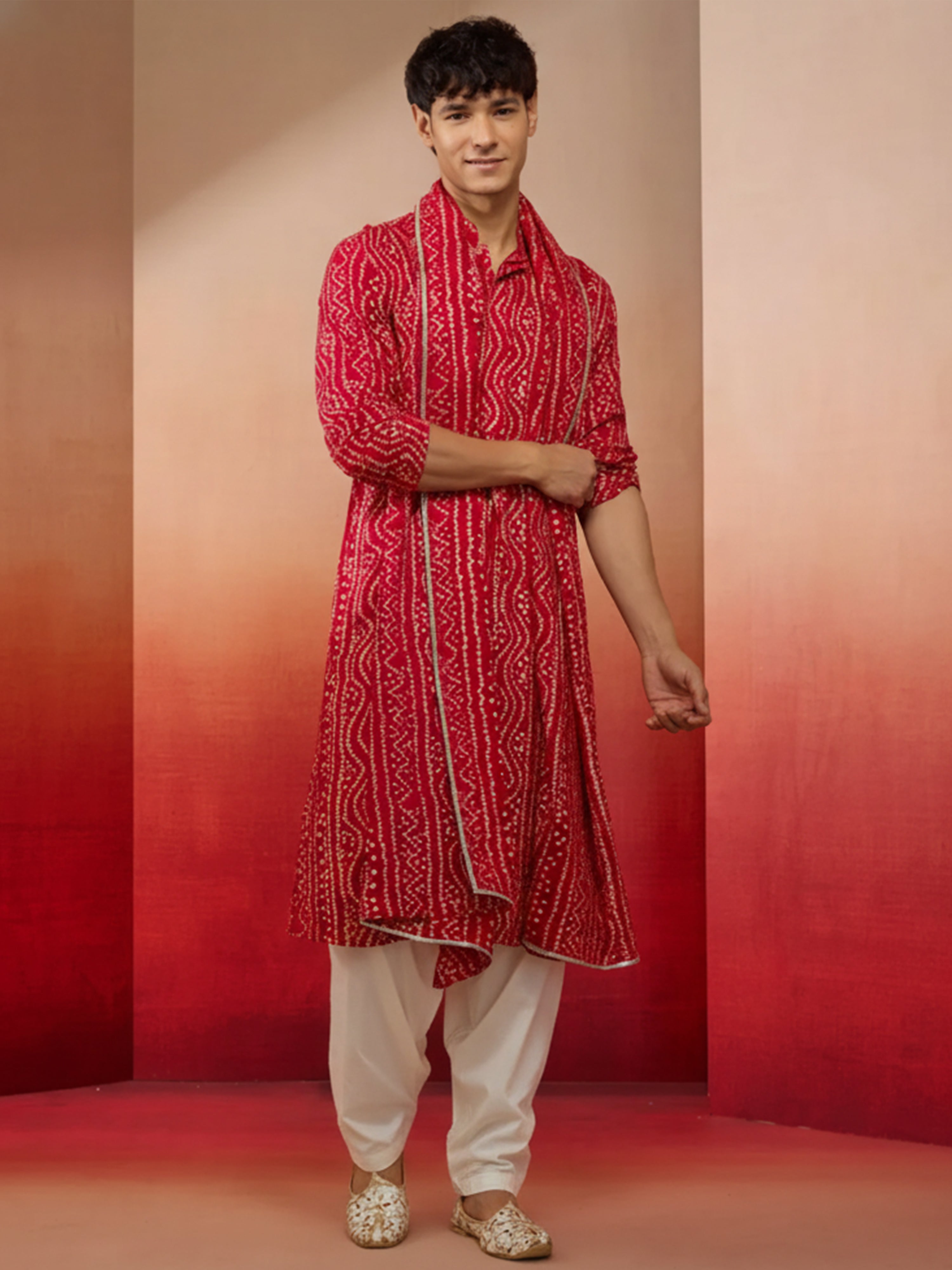 Men's Falsa Bandhni Print Kurta Set with Dupatta