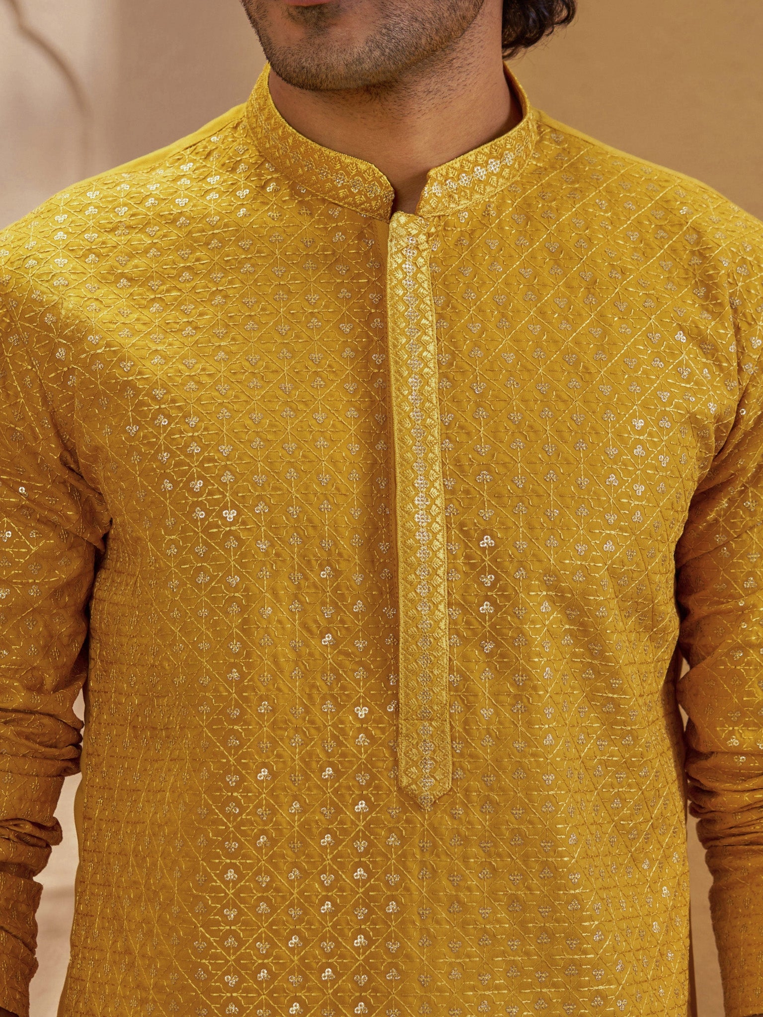 Men's Mustard Silk-Blend Embellished Thigh Length Kurta with Dhoti