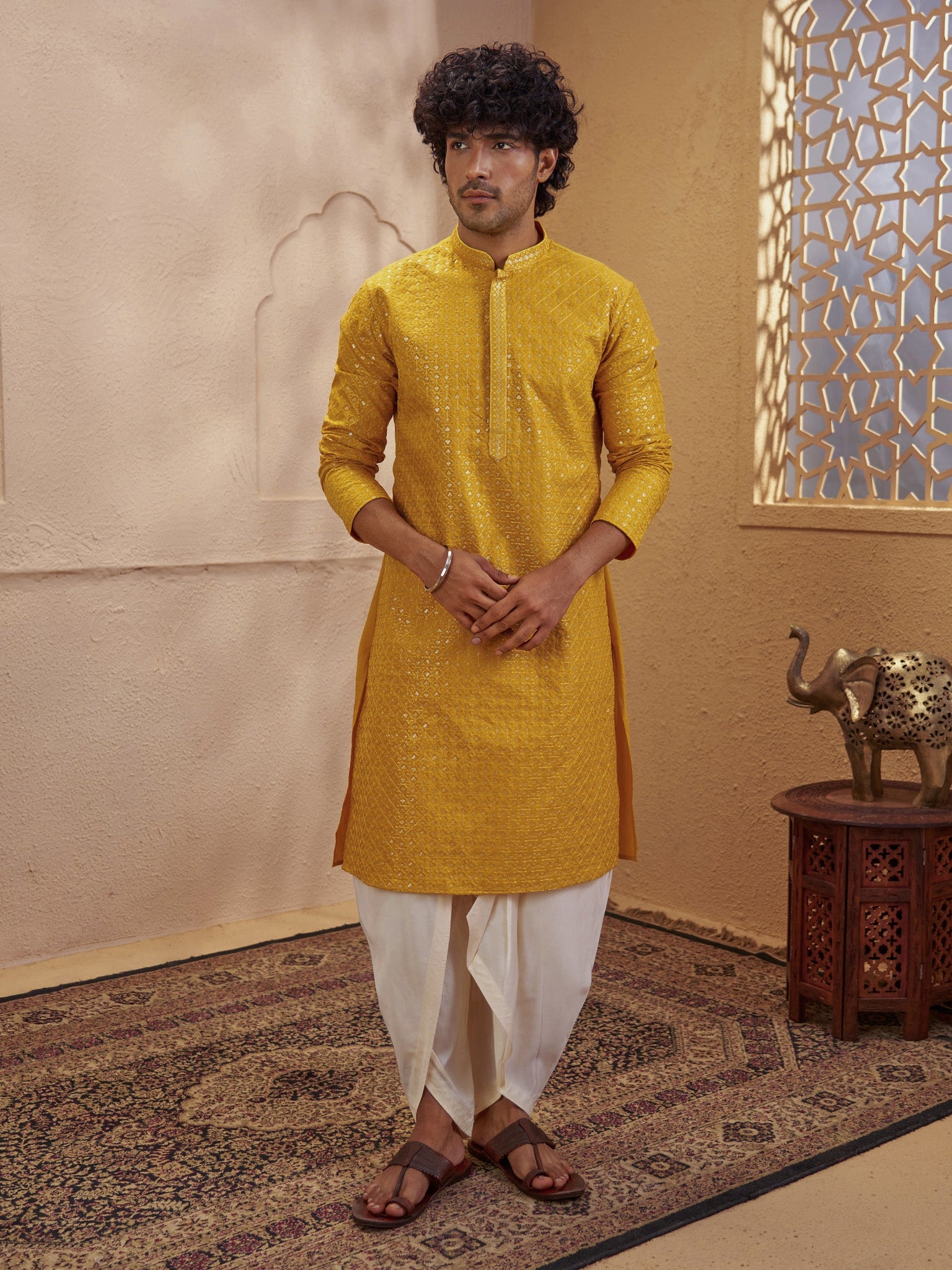 Men's Mustard Silk-Blend Embellished Thigh Length Kurta with Dhoti