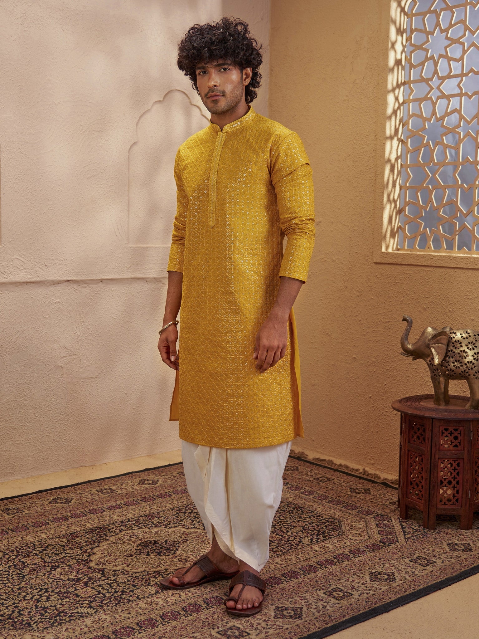 Men's Mustard Silk-Blend Embellished Thigh Length Kurta with Dhoti