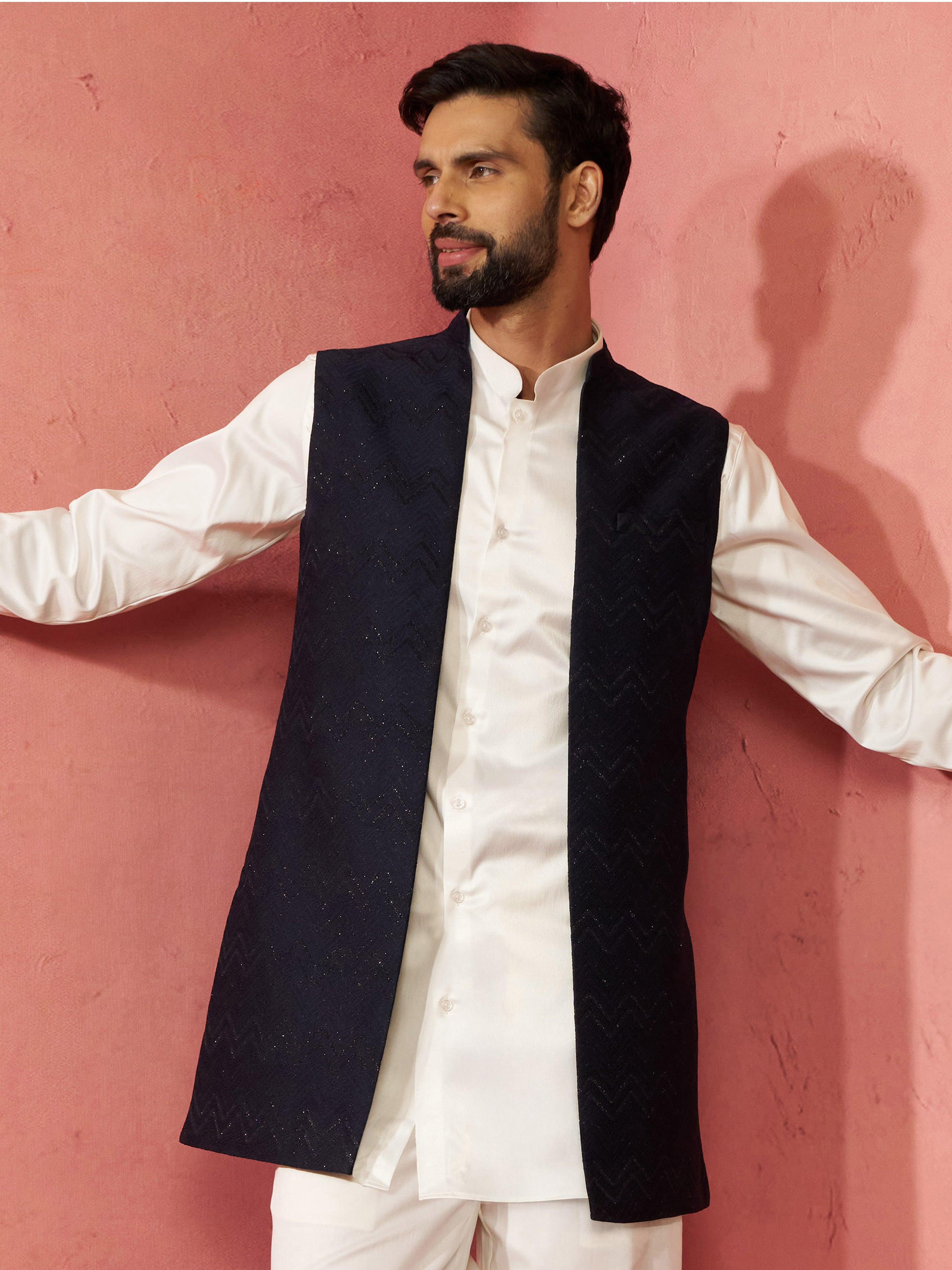 Men's Navy Blue Maharaja Jacquard Nehru Jacket