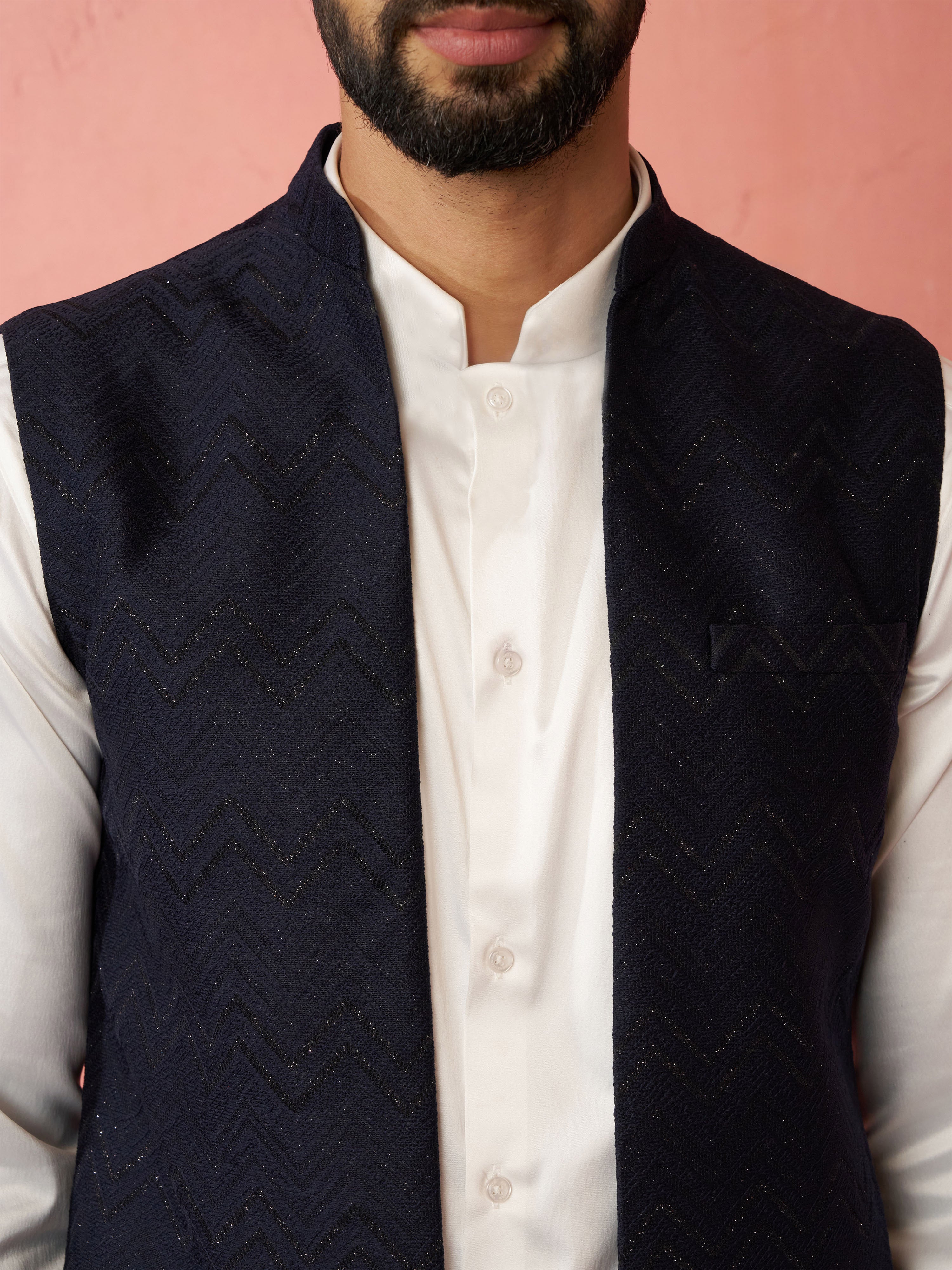 Men's Navy Blue Maharaja Jacquard Nehru Jacket