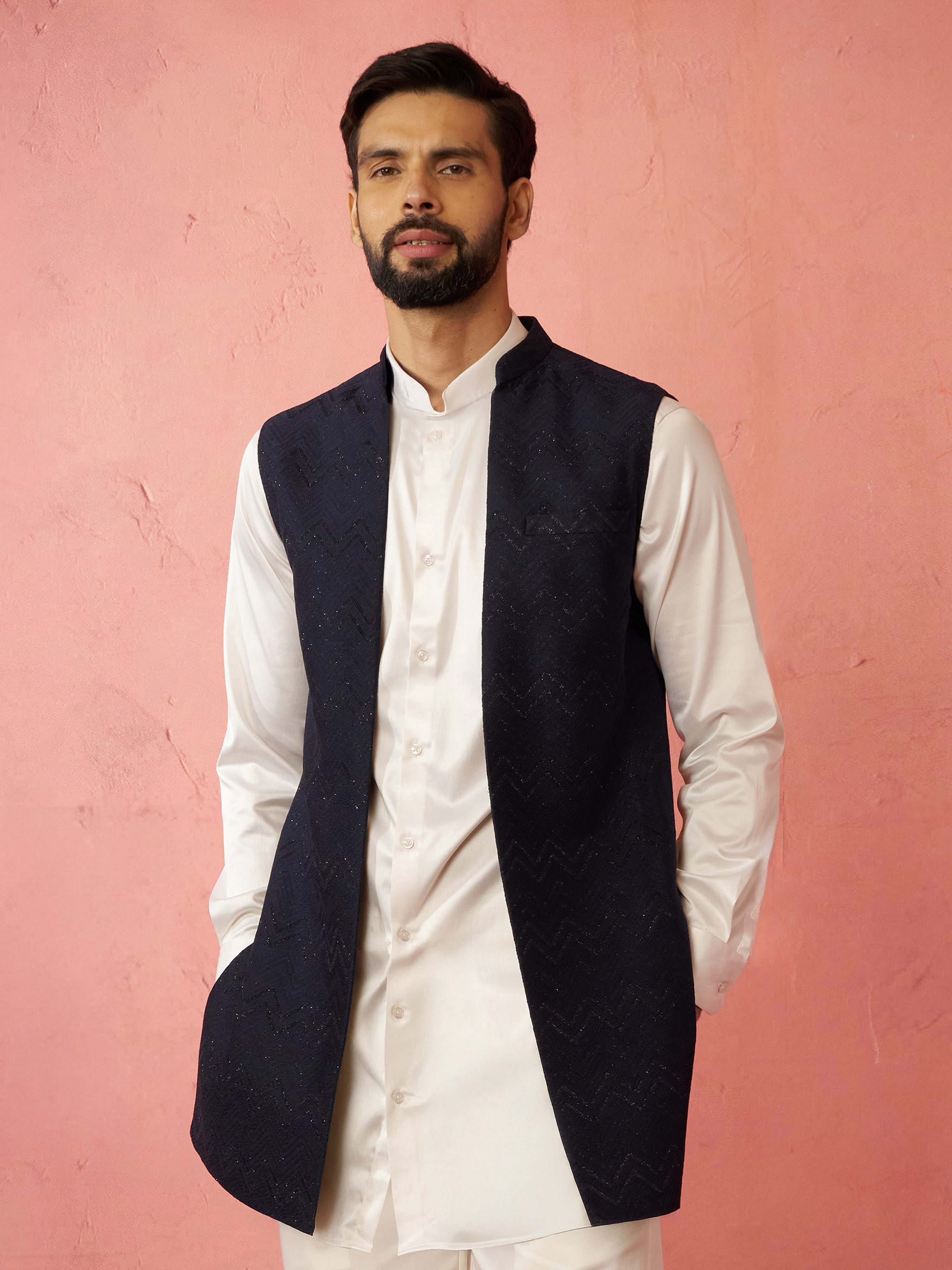 Men's Navy Blue Maharaja Jacquard Nehru Jacket