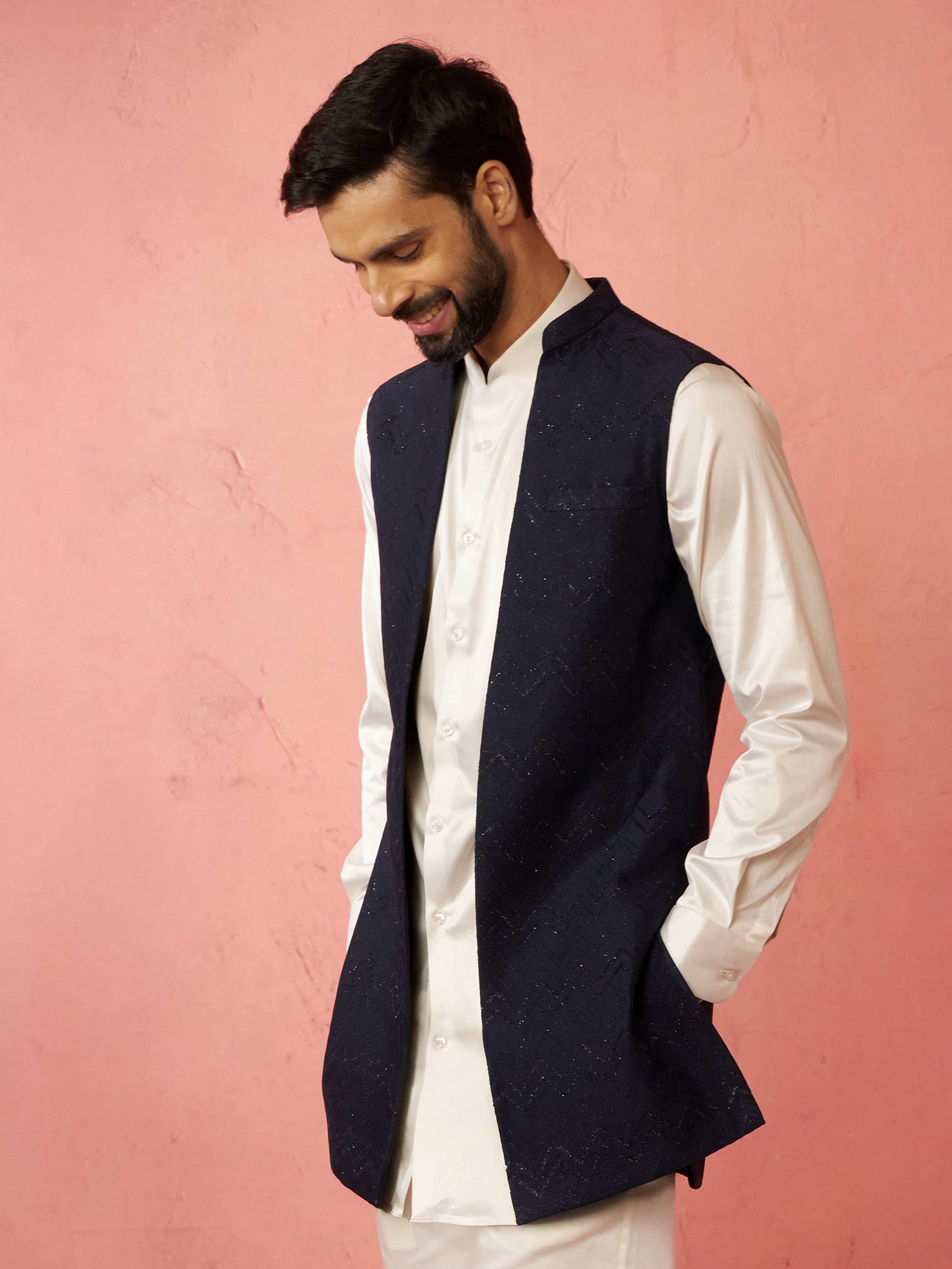 Men's Navy Blue Maharaja Jacquard Nehru Jacket