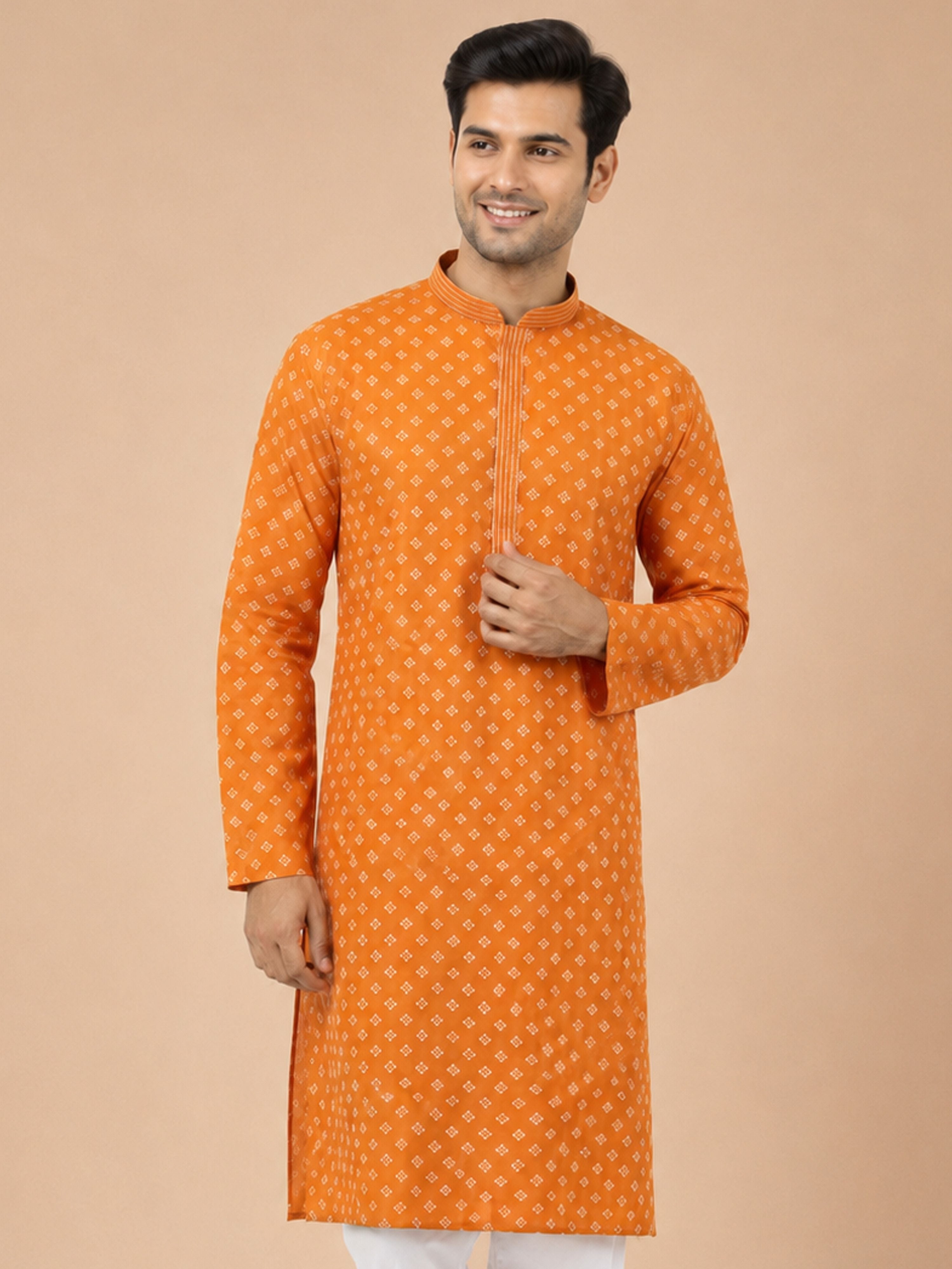 Men's Orange Cotton Embroidered Knee Length Kurta