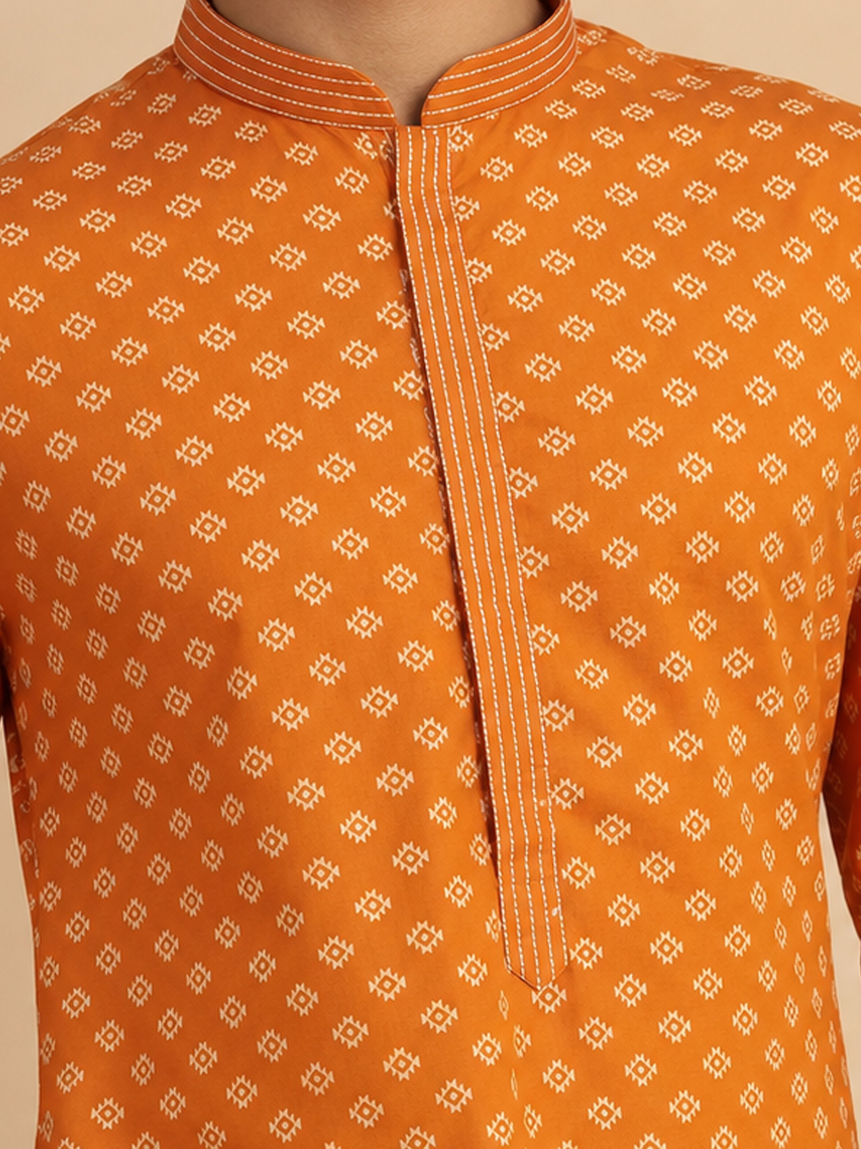 Men's Orange Cotton Embroidered Knee Length Kurta