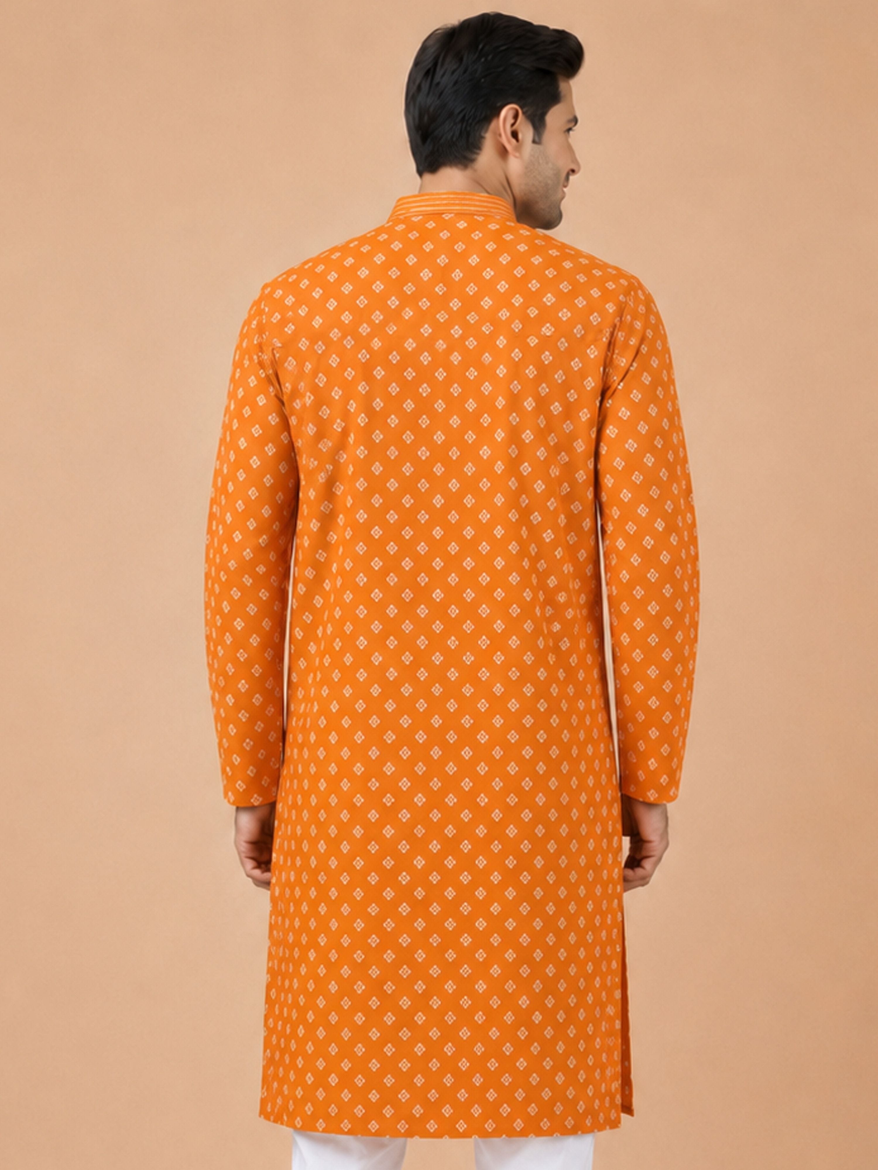 Men's Orange Cotton Embroidered Knee Length Kurta