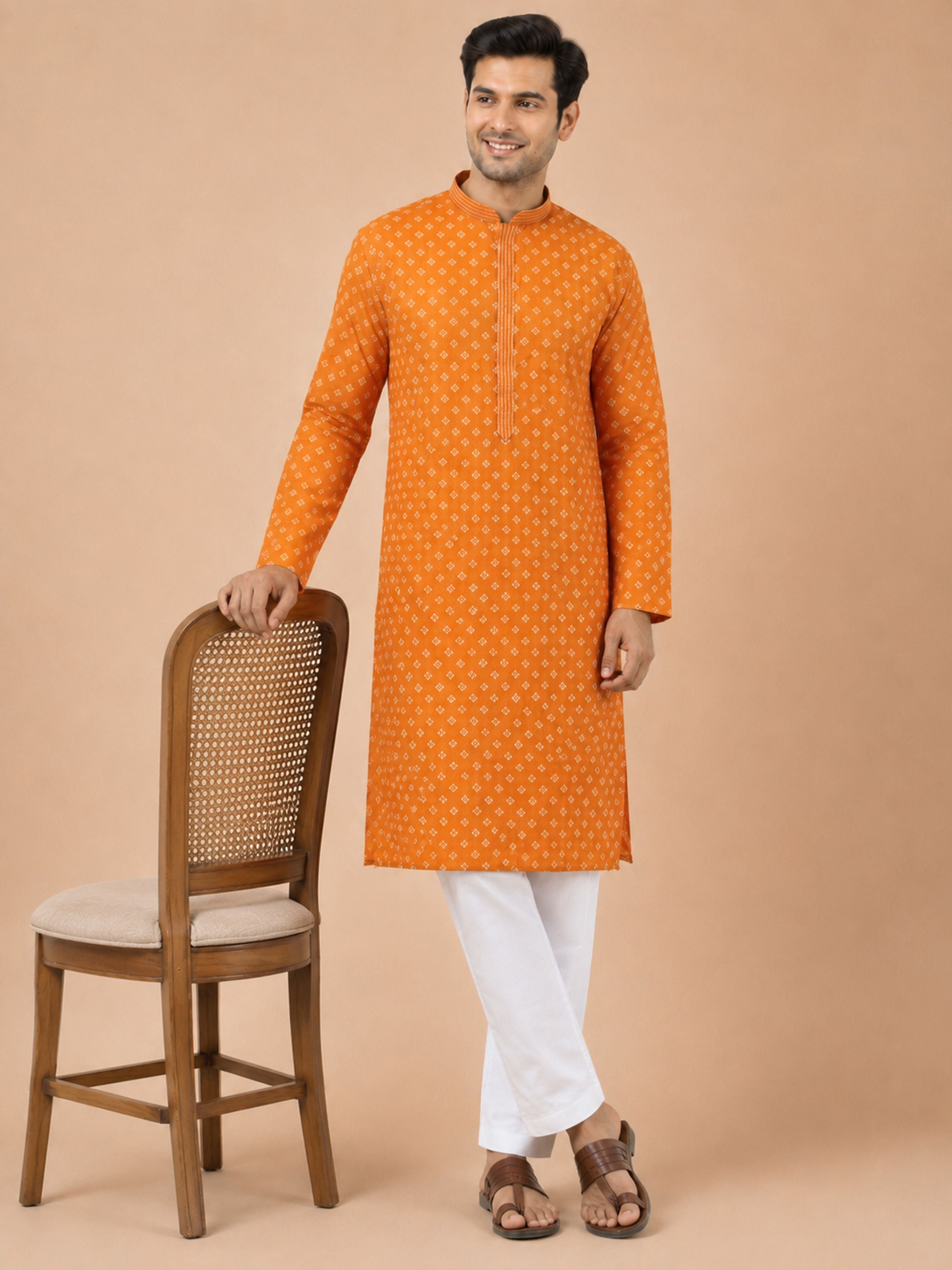Men's Orange Cotton Embroidered Knee Length Kurta