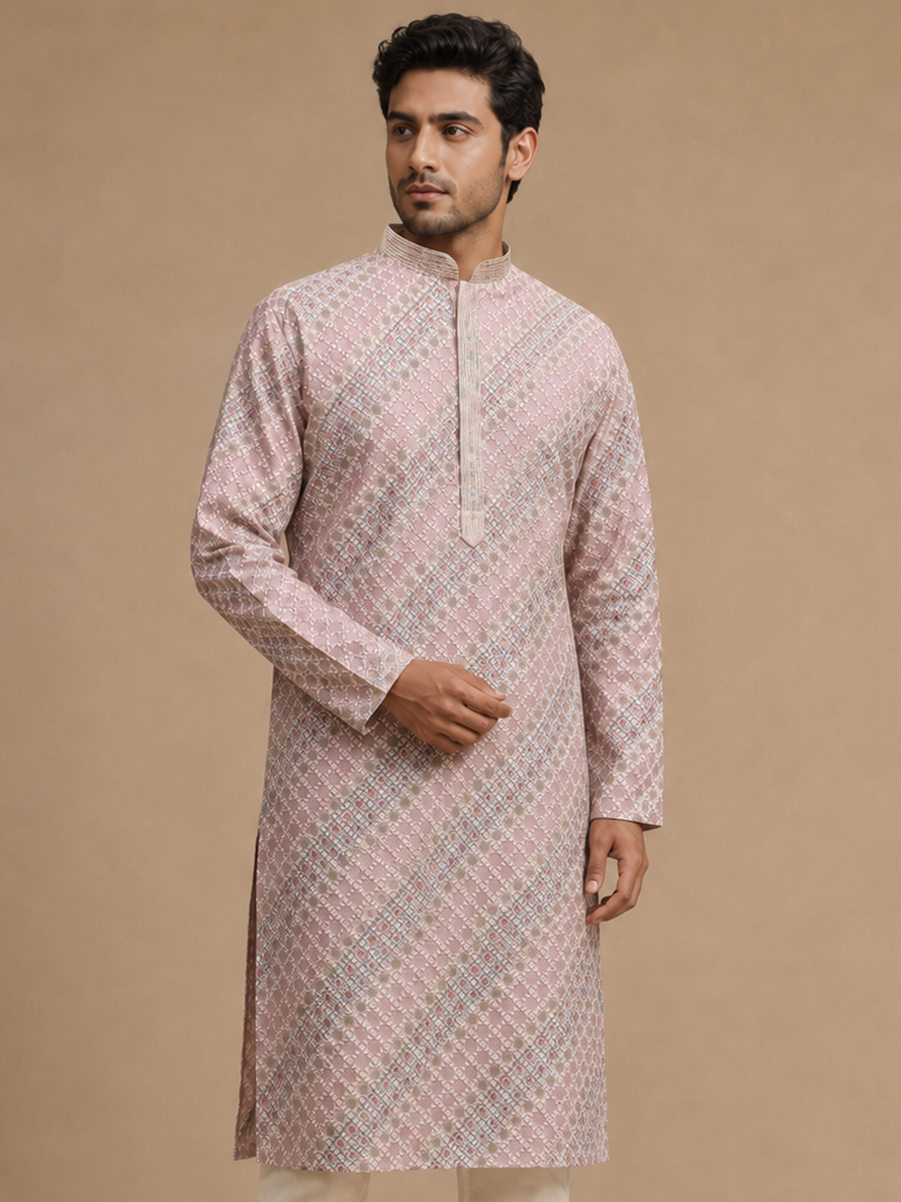 Men's Pink Silk-Blend Embellished Knee Length Long Kurta