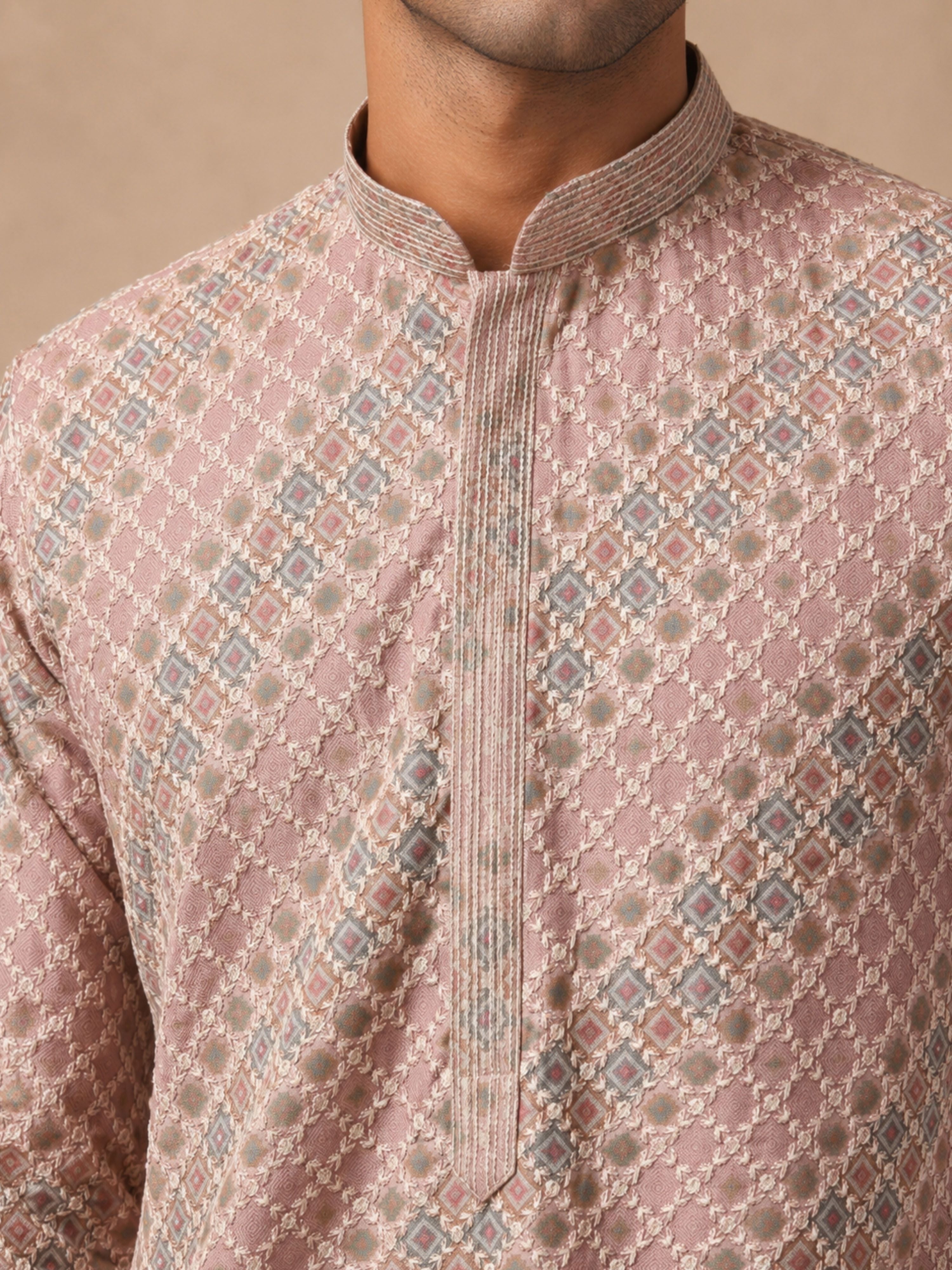 Men's Pink Silk-Blend Embellished Knee Length Long Kurta