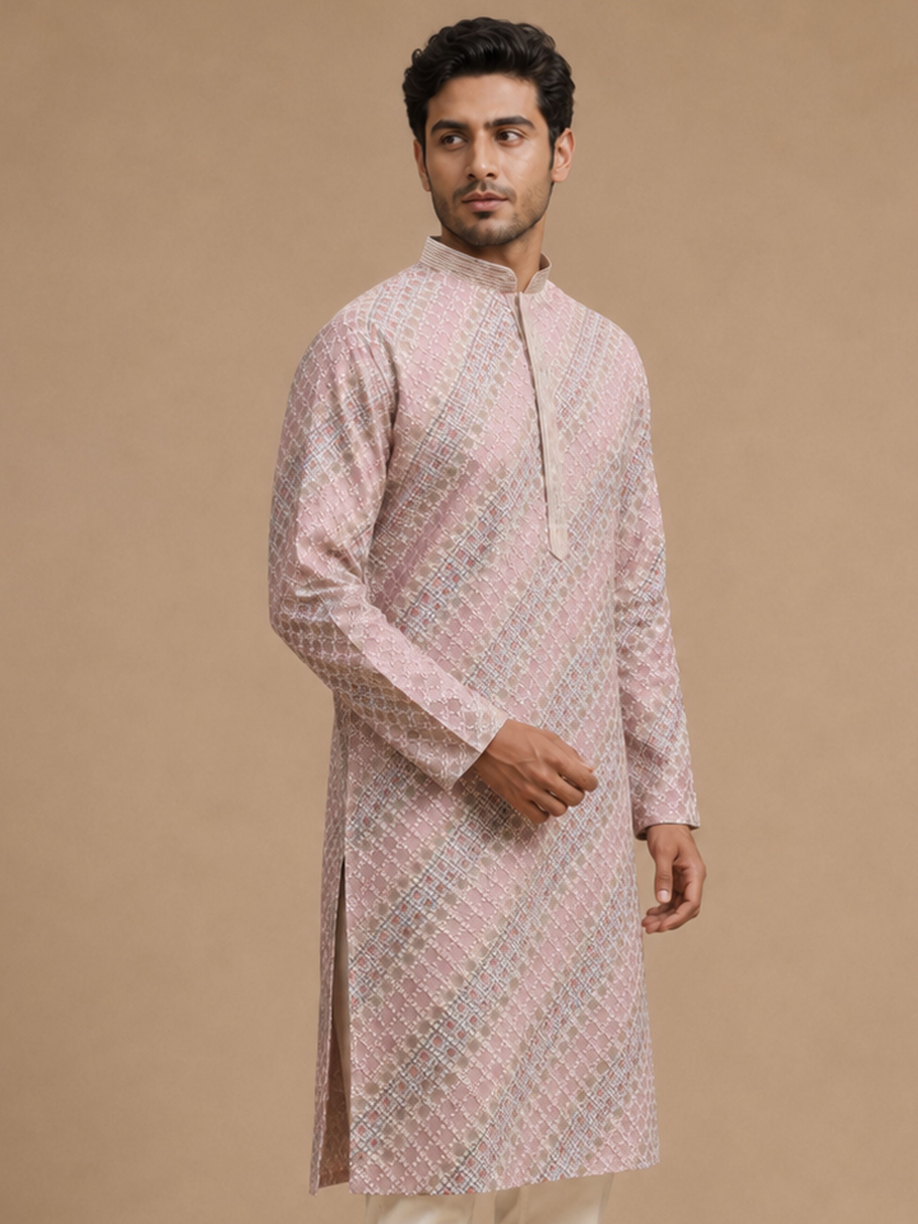 Men's Pink Silk-Blend Embellished Knee Length Long Kurta