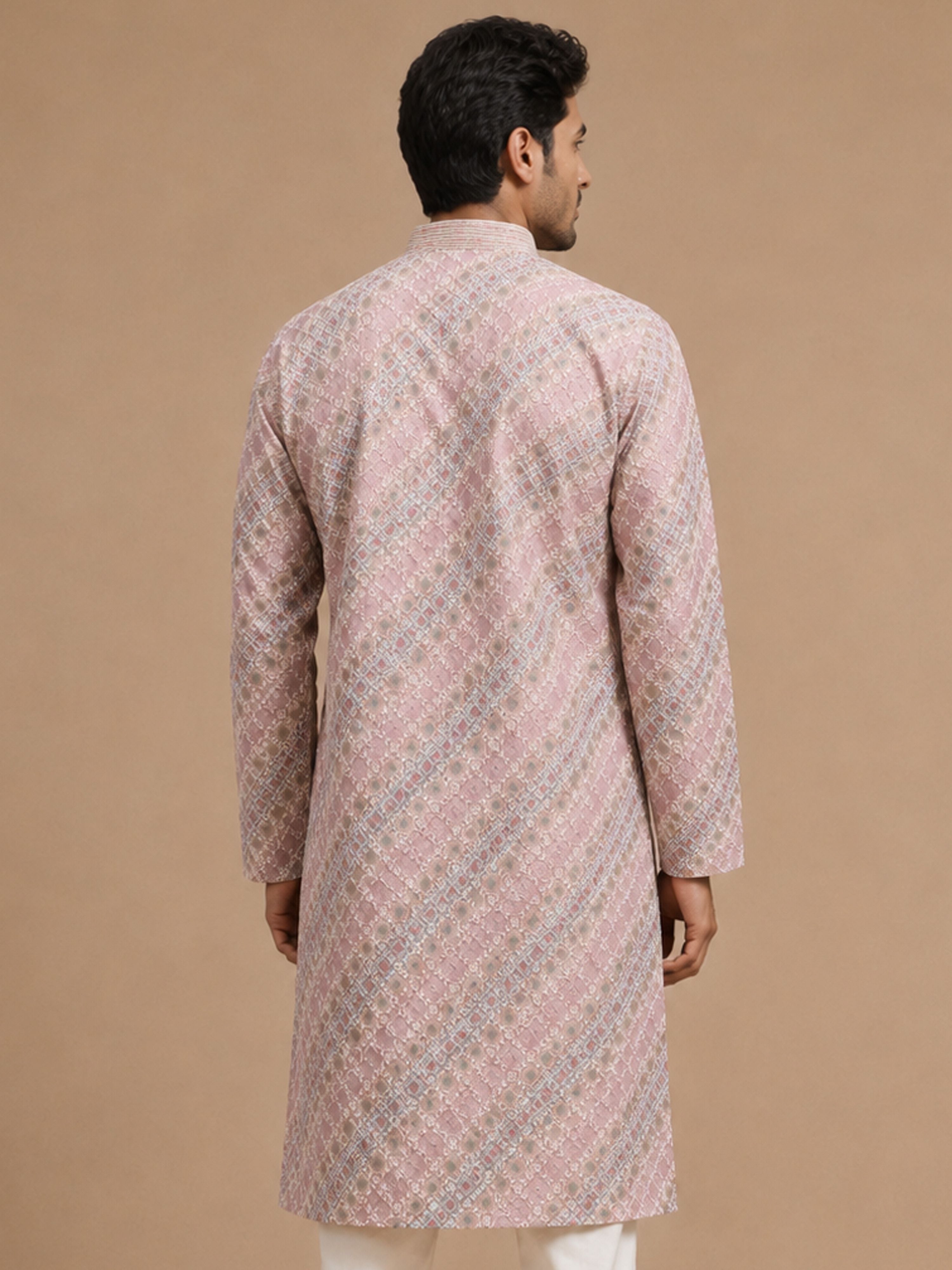 Men's Pink Silk-Blend Embellished Knee Length Long Kurta