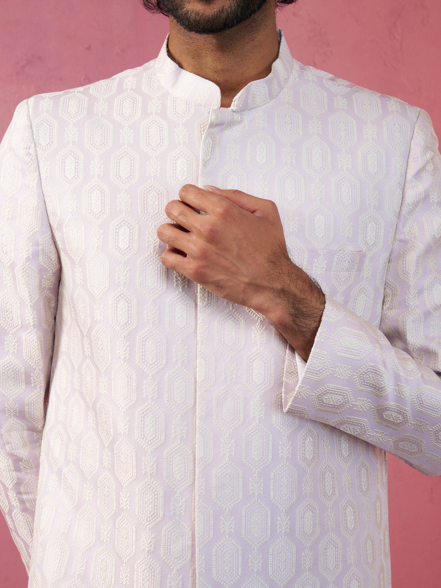 Men's Purple Jacquard Indo-Western Kurta with Cream Trousers