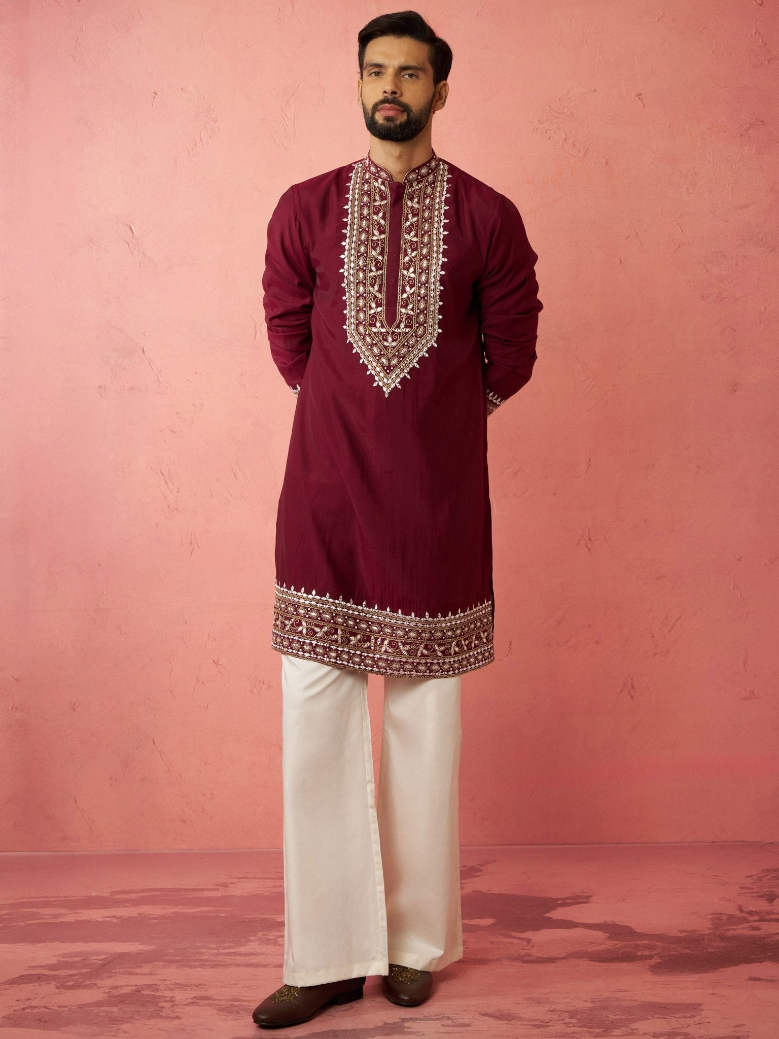 Men's Wine Chanderi Kurta Set with Cream Pant