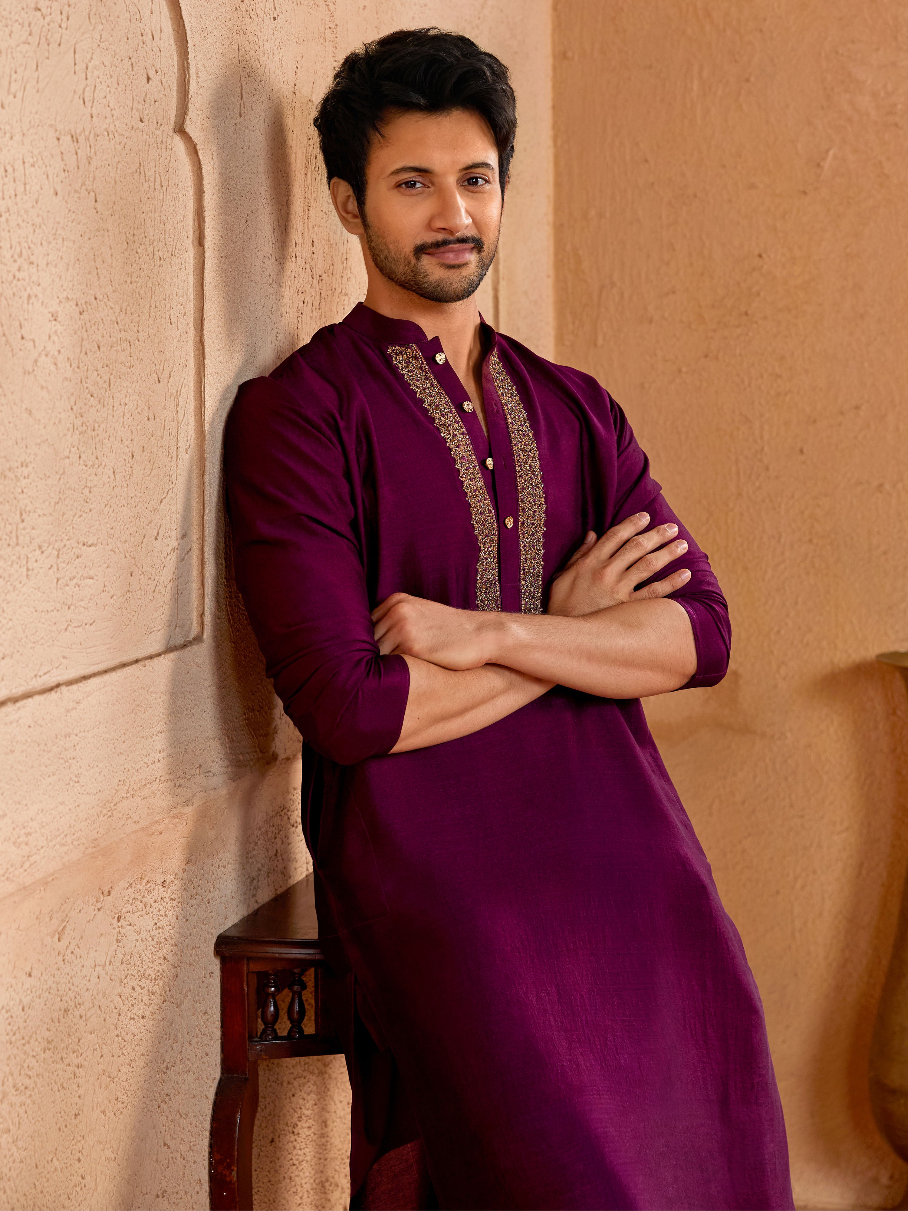 Men's's Wine Vichitra Silk Kurta - Traditional Embroidered Wedding Ethnic Wear