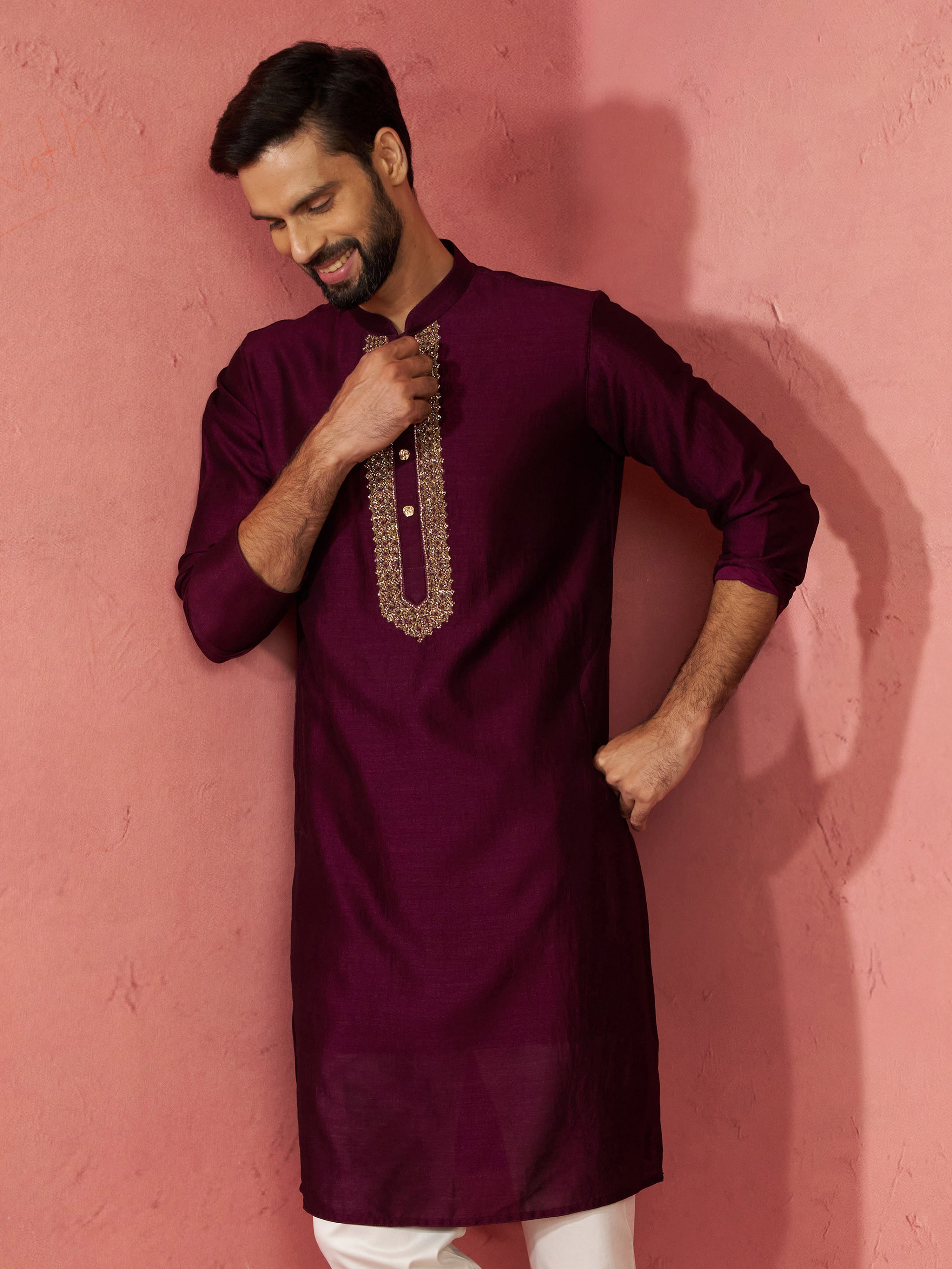 Men's's Wine Vichitra Silk Kurta - Traditional Embroidered Wedding Ethnic Wear