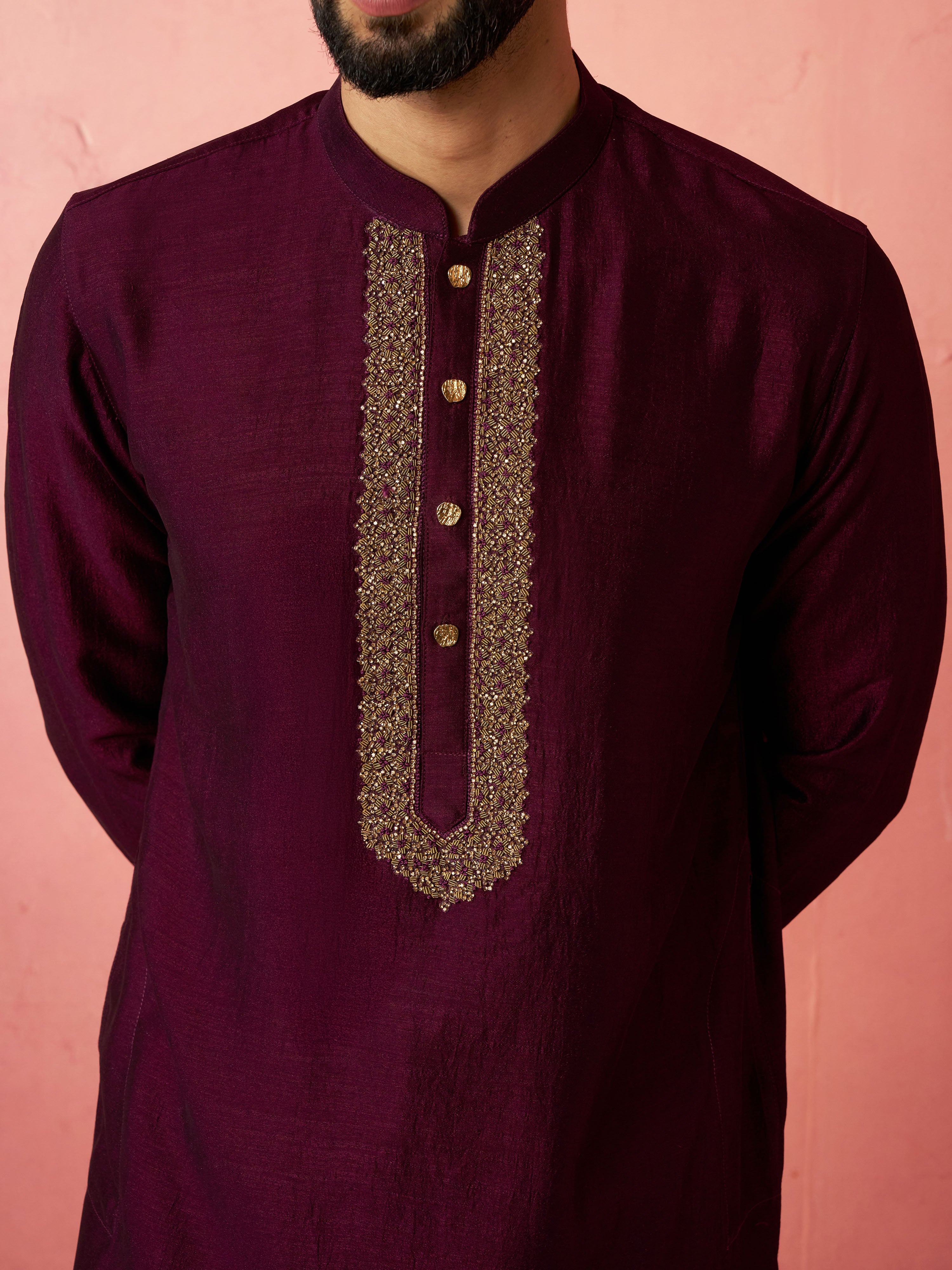 Men's's Wine Vichitra Silk Kurta - Traditional Embroidered Wedding Ethnic Wear