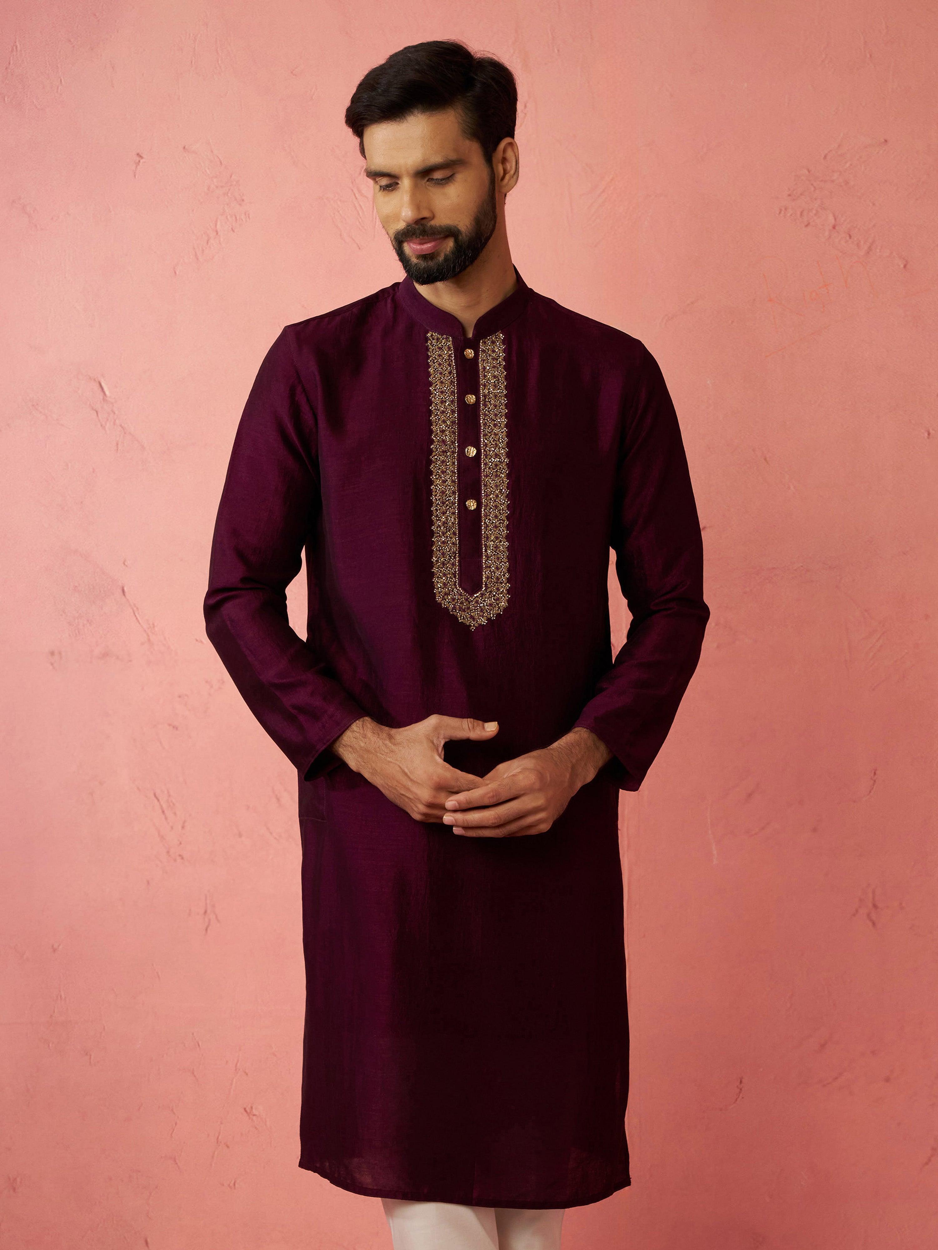 Men's's Wine Vichitra Silk Kurta - Traditional Embroidered Wedding Ethnic Wear
