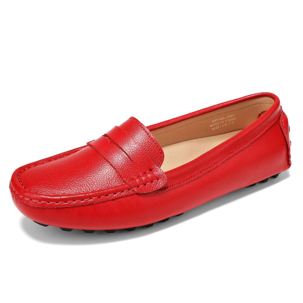 BEAUSEEN Women's Red Leather Driving Moccasins Penny Loafers Comfort Slip on Shoes Size 10 BES-2207HON100