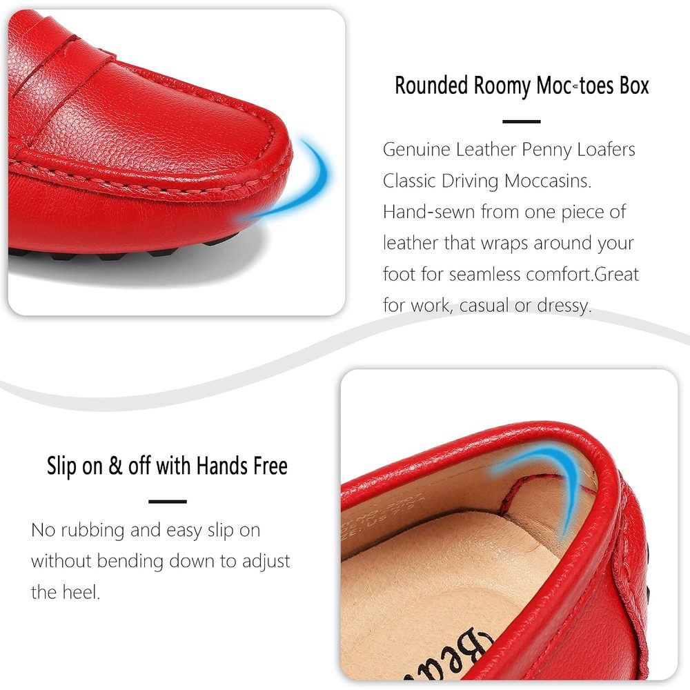 BEAUSEEN Women's Red Leather Driving Moccasins Penny Loafers Comfort Slip on Shoes Size 10 BES-2207HON100