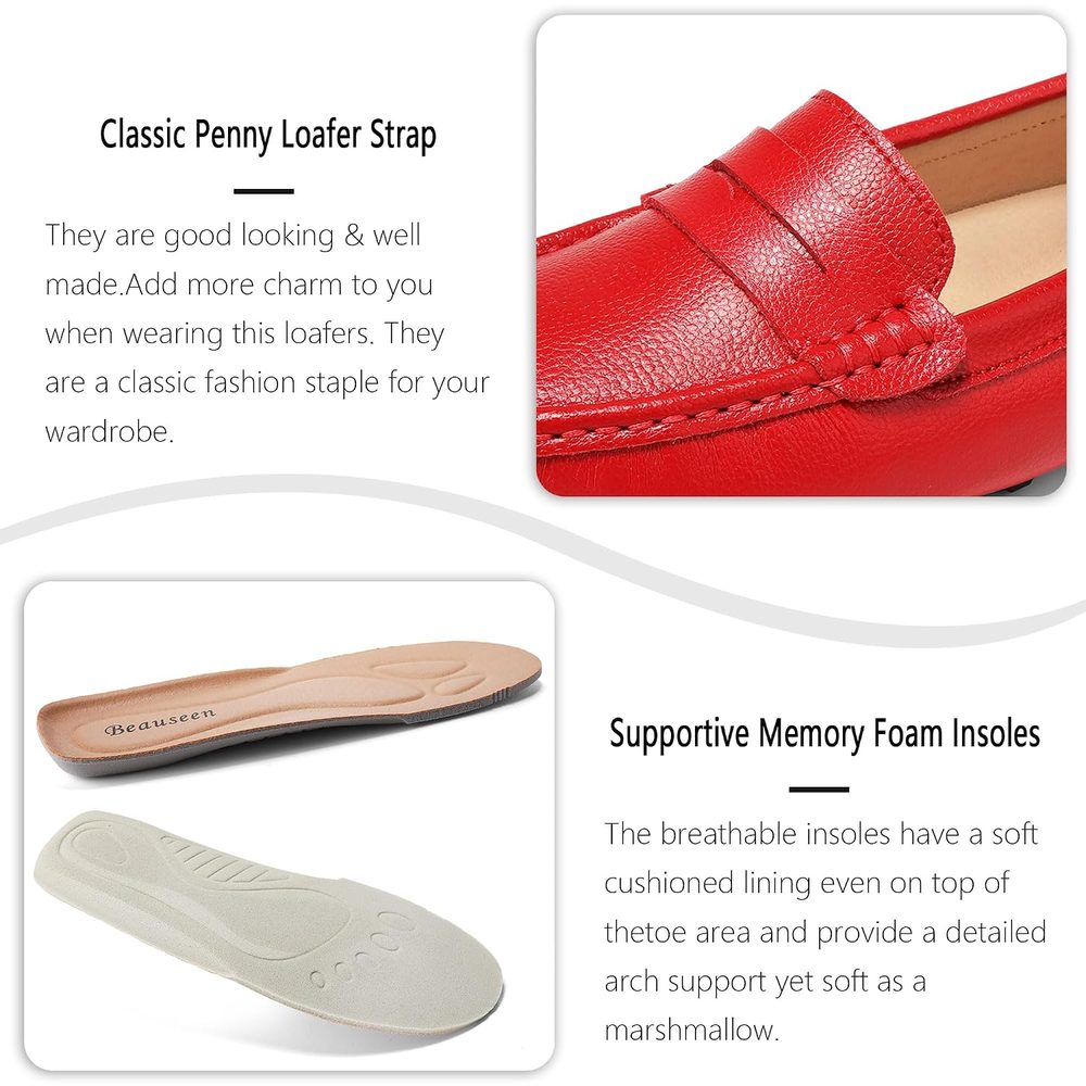 BEAUSEEN Women's Red Leather Driving Moccasins Penny Loafers Comfort Slip on Shoes Size 10 BES-2207HON100
