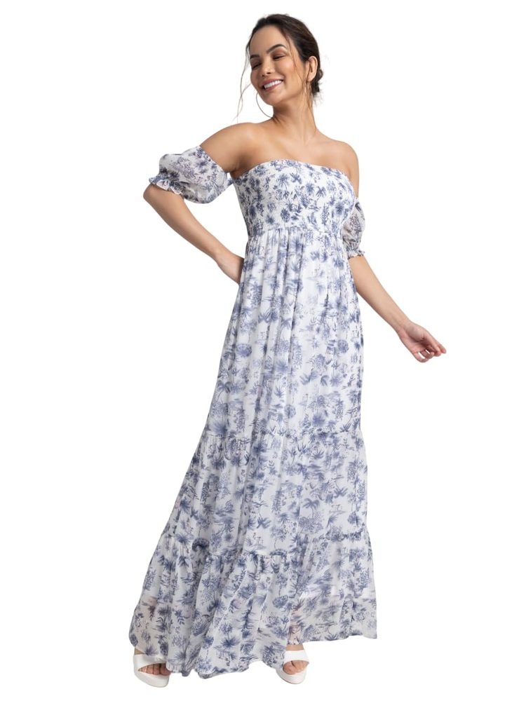 JULO Stylish Womens Chiffon Tropical Breeze Off Shoulder Maxi Dress