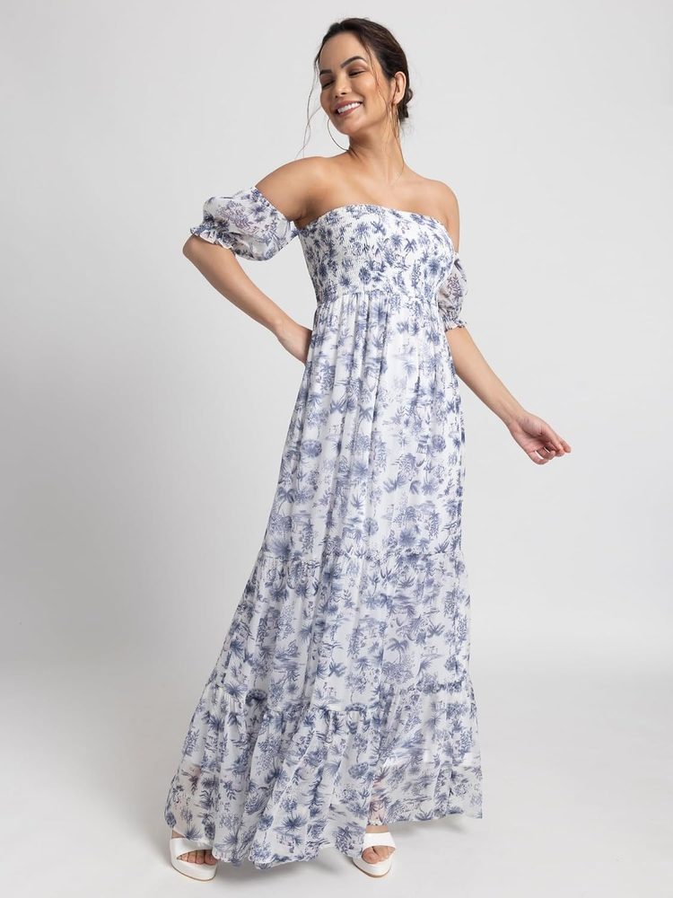 JULO Stylish Womens Chiffon Tropical Breeze Off Shoulder Maxi Dress