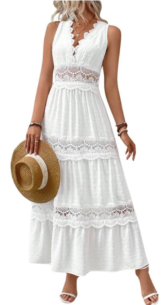 Women's Summer Crochet Embroidery V-Neck Sleeveless Flowy Bohemian Maxi Dress