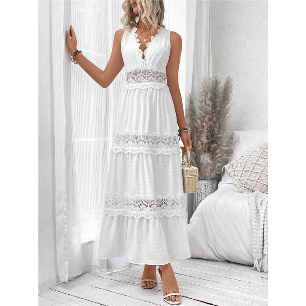 Women's Summer Crochet Embroidery V-Neck Sleeveless Flowy Bohemian Maxi Dress